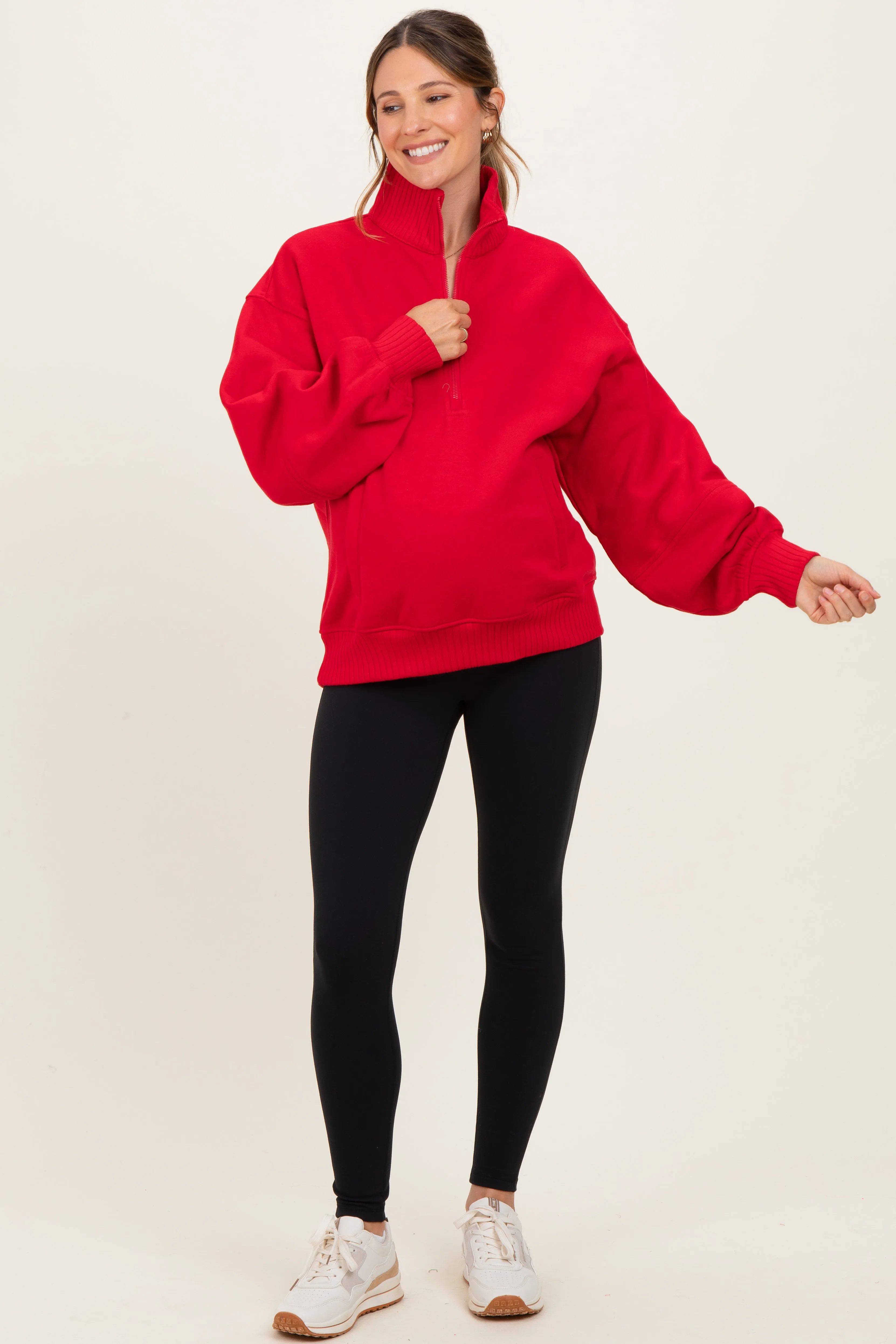 Red French Terry Quarter Zip Maternity Pullover sold by Pinkblush product image thumbnail 2