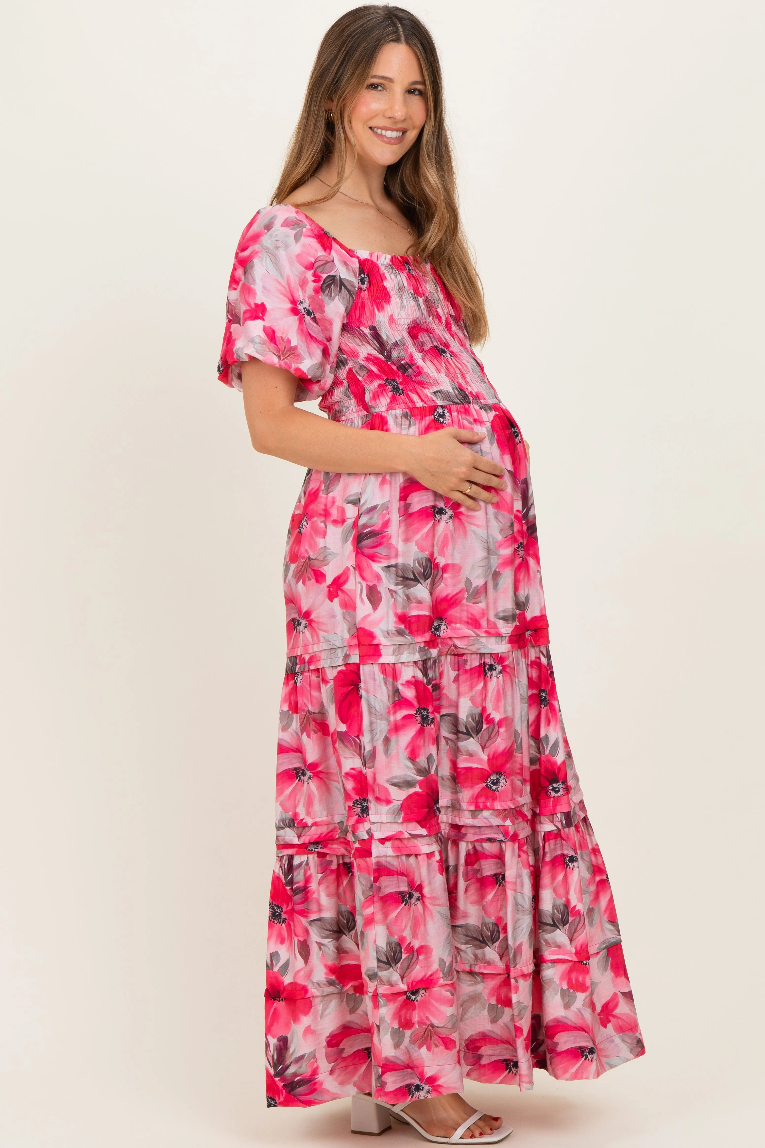 Fuchsia Floral Smocked Tiered Maternity Maxi Dress sold by Pinkblush product image thumbnail 2