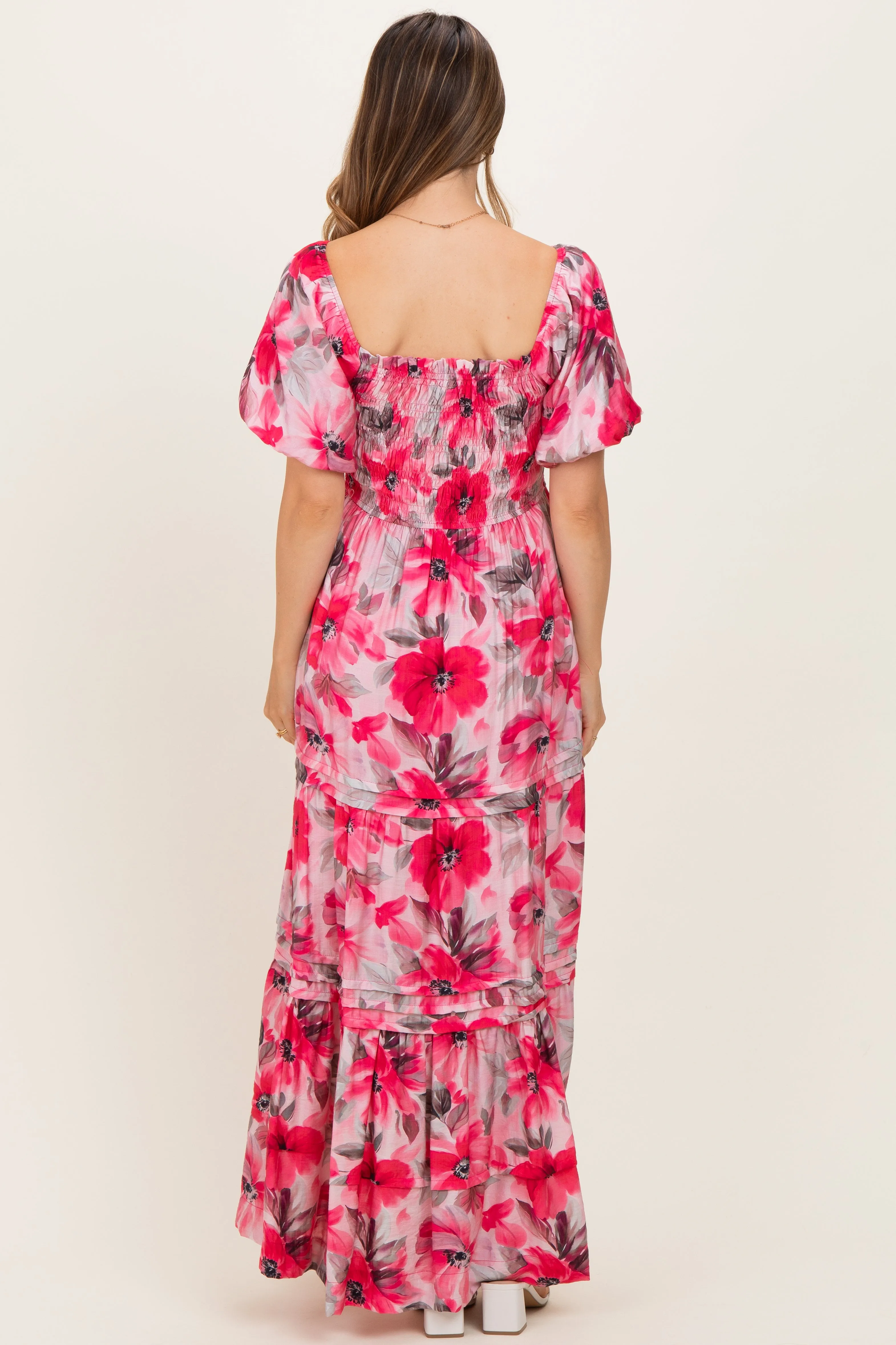 Fuchsia Floral Smocked Tiered Maternity Maxi Dress sold by Pinkblush product image thumbnail 3