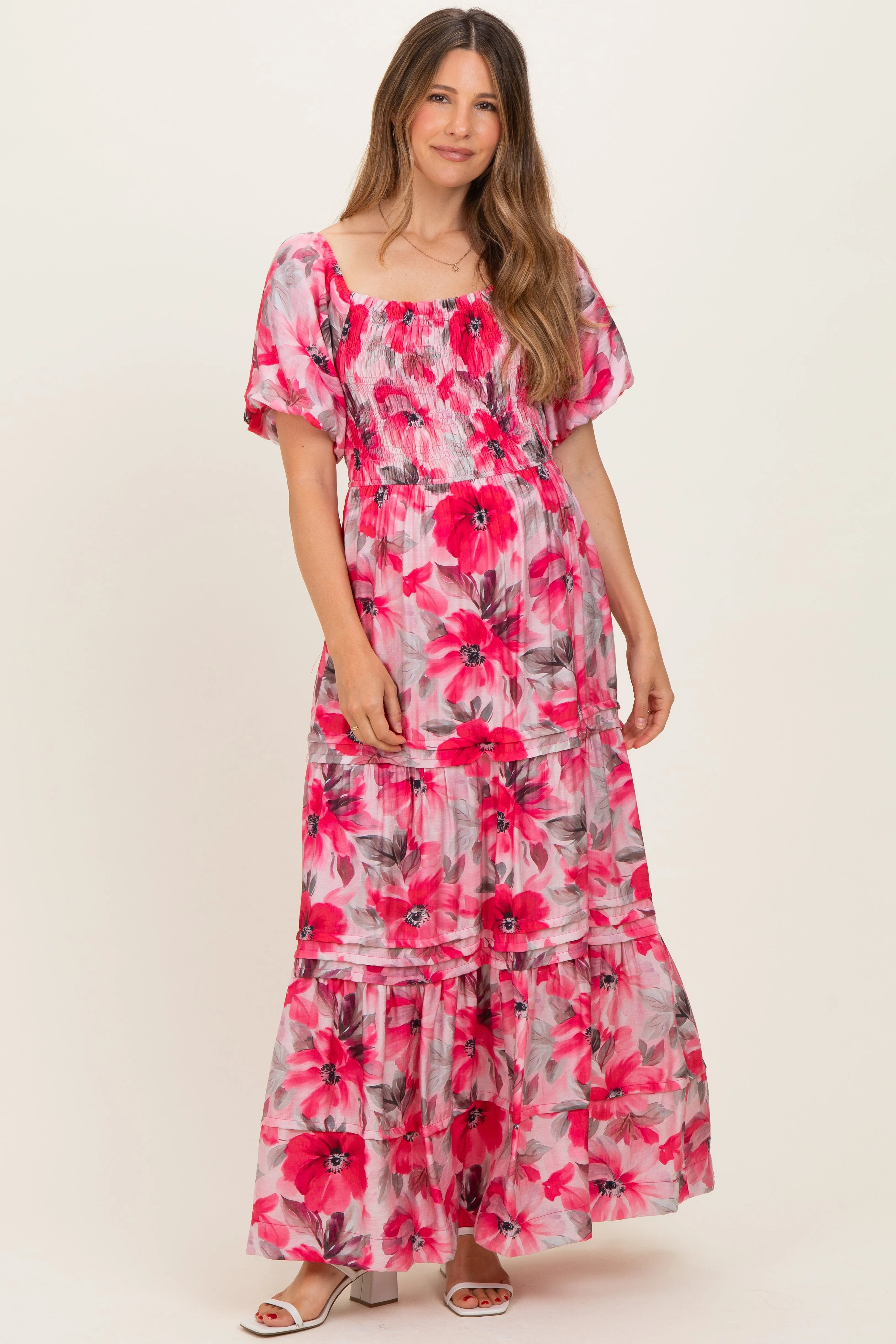 Fuchsia Floral Smocked Tiered Maternity Maxi Dress sold by Pinkblush