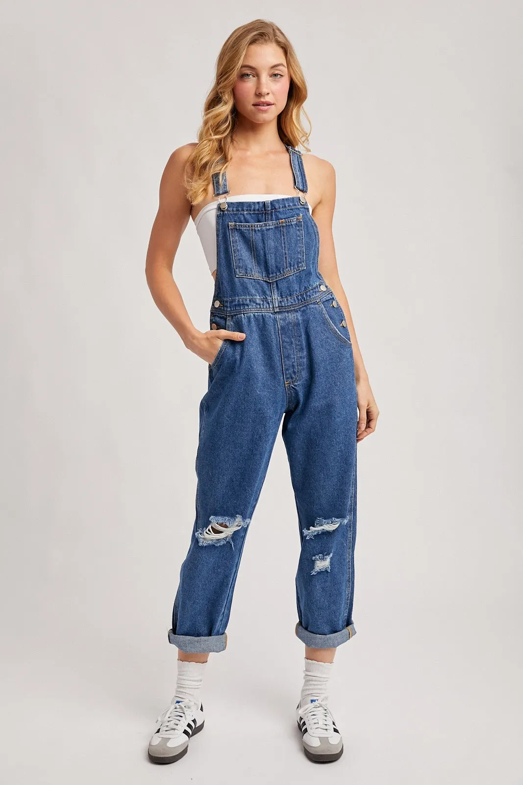 Navy Distressed Denim Overalls sold by Pinkblush