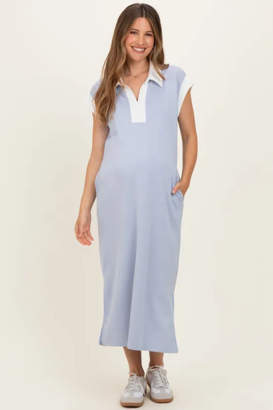 Light Blue Colorblock Polo Maternity Midi Dress made by She and Sky