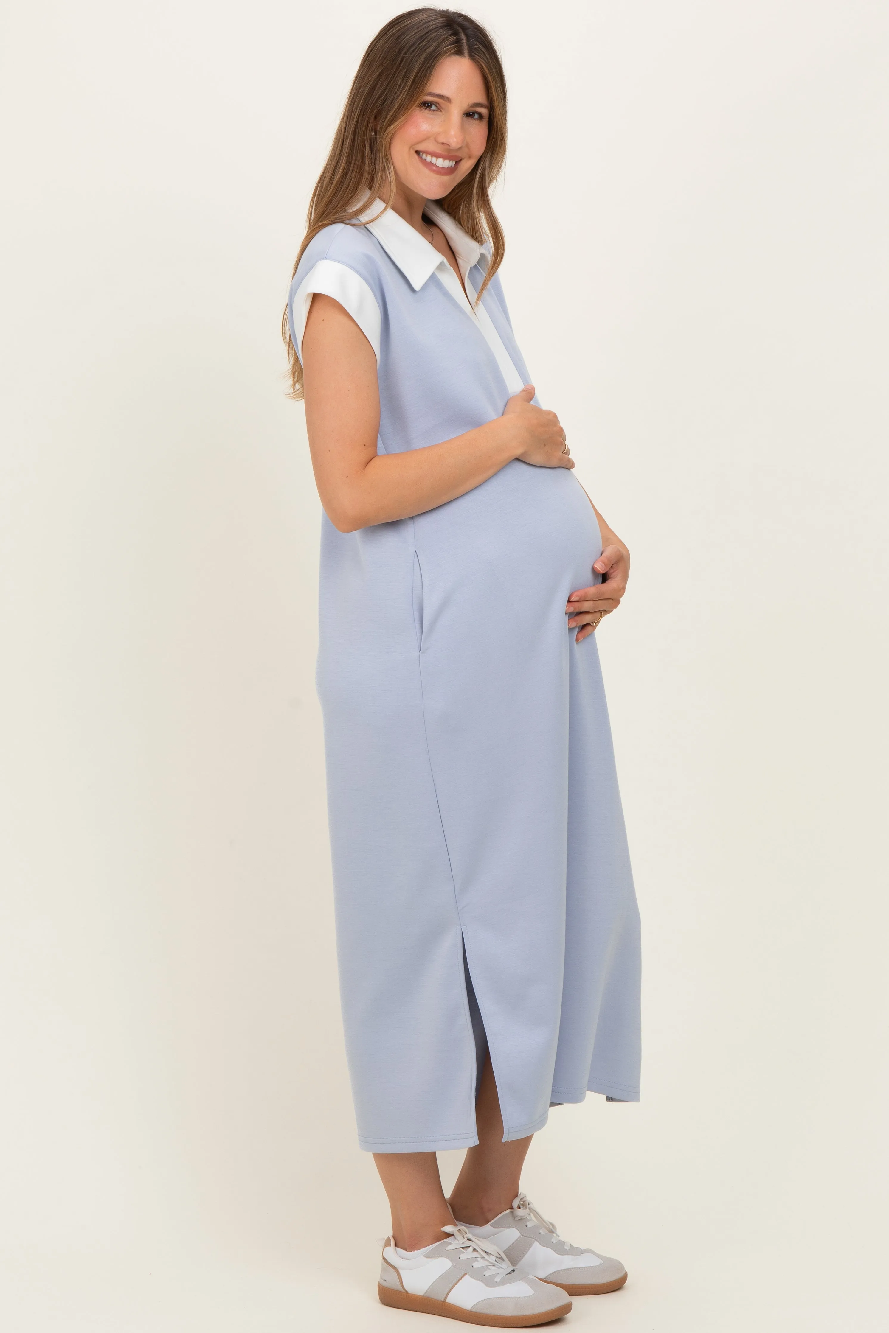 Light Blue Colorblock Polo Maternity Midi Dress sold by Pinkblush product image thumbnail 2