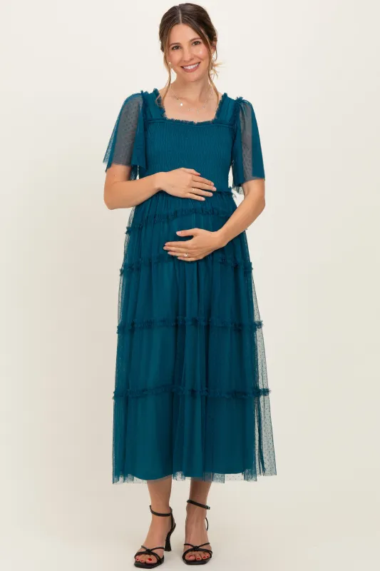 Teal Ruffled Mesh Maternity Maxi Dress made by Pinkblush
