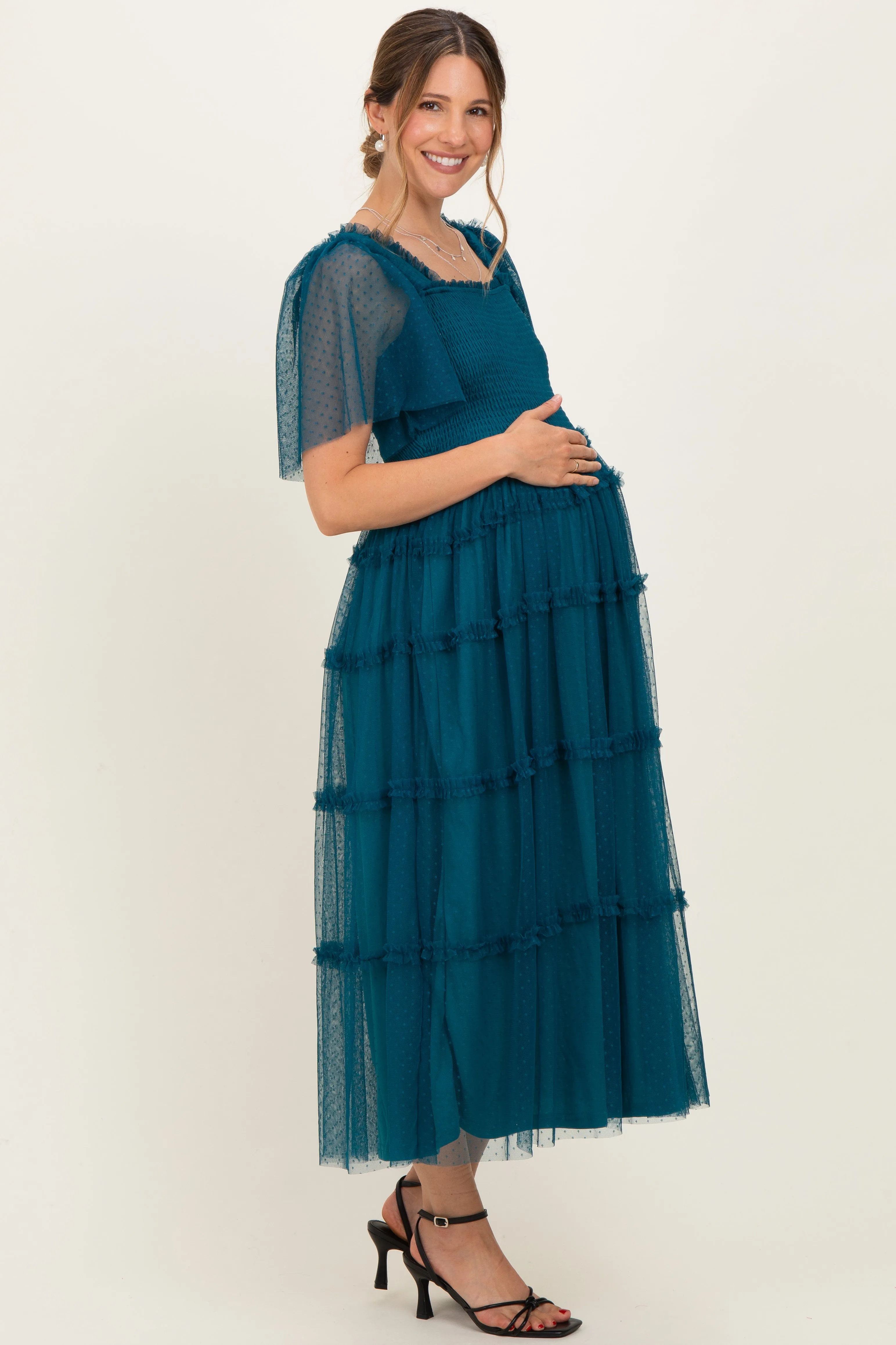 Teal Ruffled Mesh Maternity Maxi Dress sold by Pinkblush product image thumbnail 2