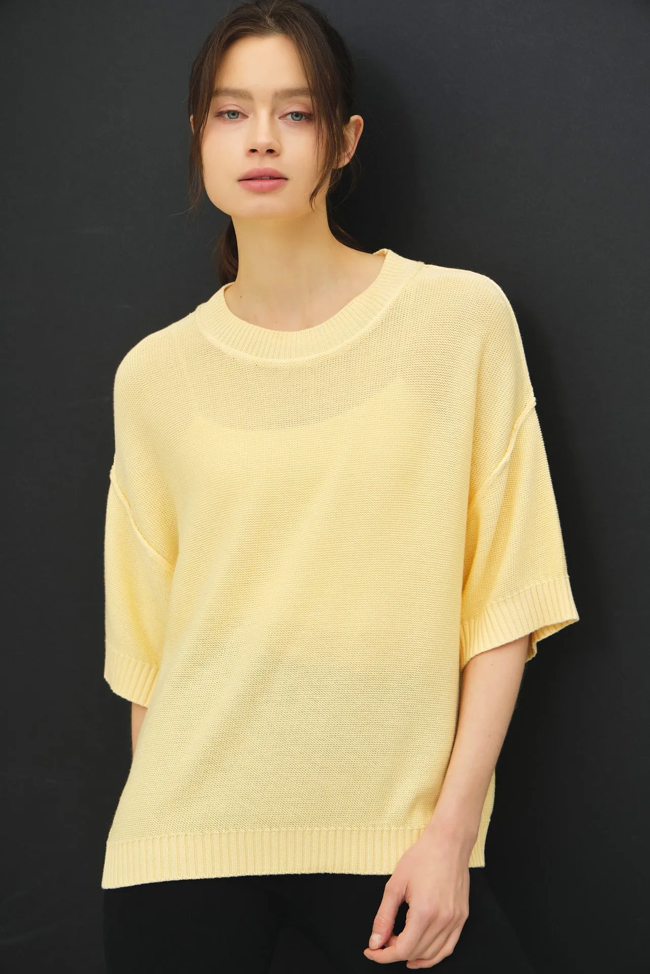 Yellow Oversize Cut Sweater Top With Raw Edge sold by Pinkblush