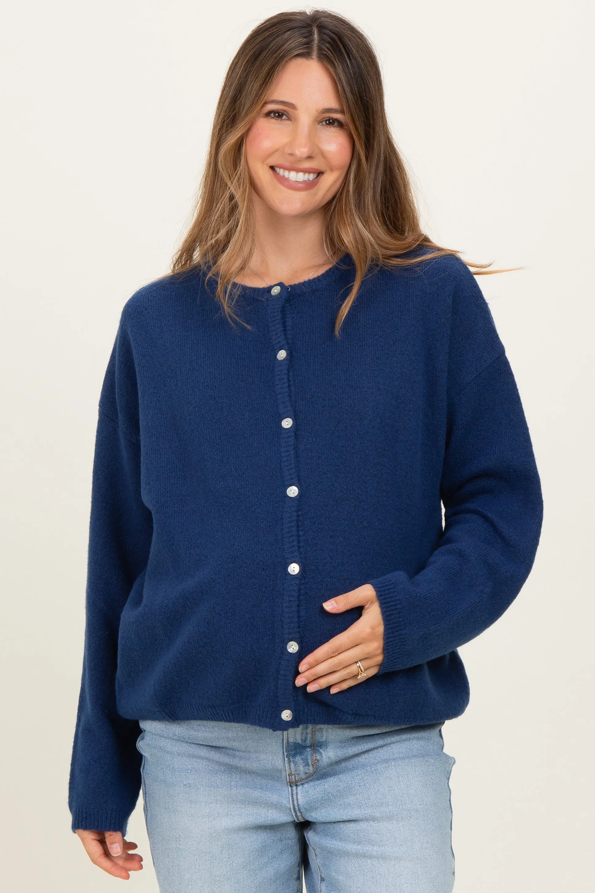 Navy Classic Crew Neck Maternity Button Cardigan sold by Pinkblush product image thumbnail 2