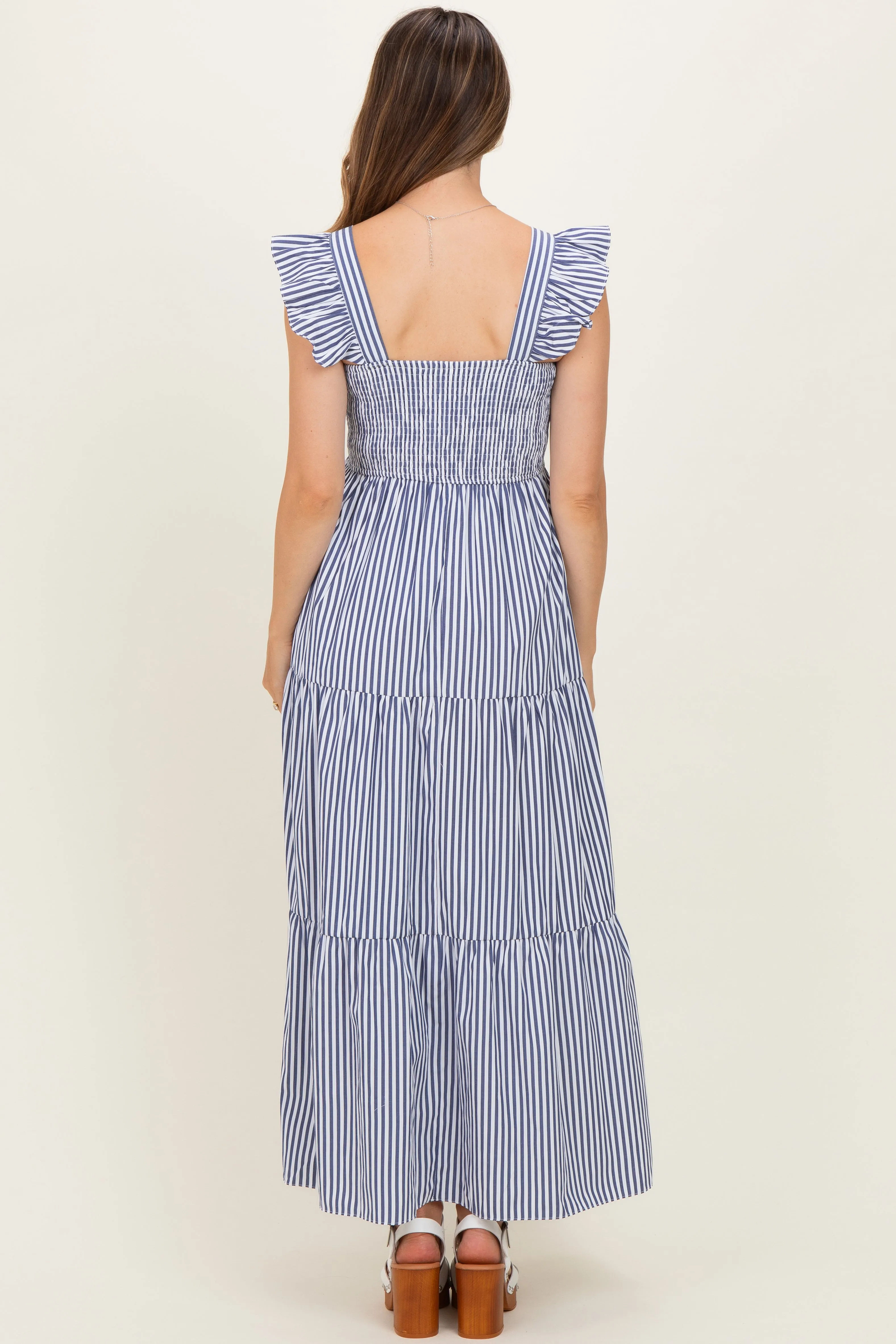 Navy Striped Ruffle Strap Smocked Maternity Maxi Dress sold by Pinkblush product image thumbnail 3