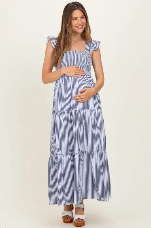 Navy Striped Ruffle Strap Smocked Maternity Maxi Dress made by She and Sky