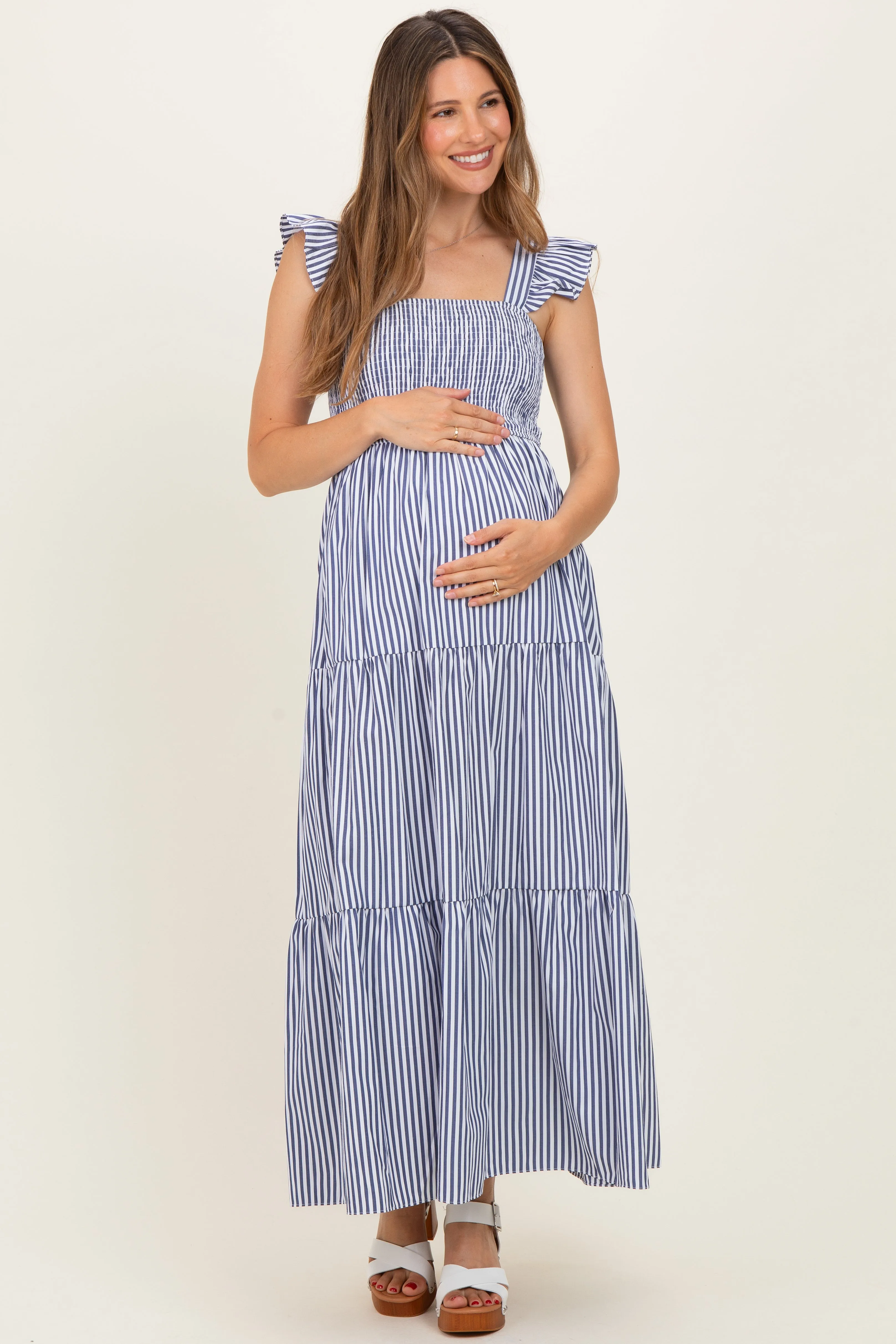Navy Striped Ruffle Strap Smocked Maternity Maxi Dress sold by Pinkblush