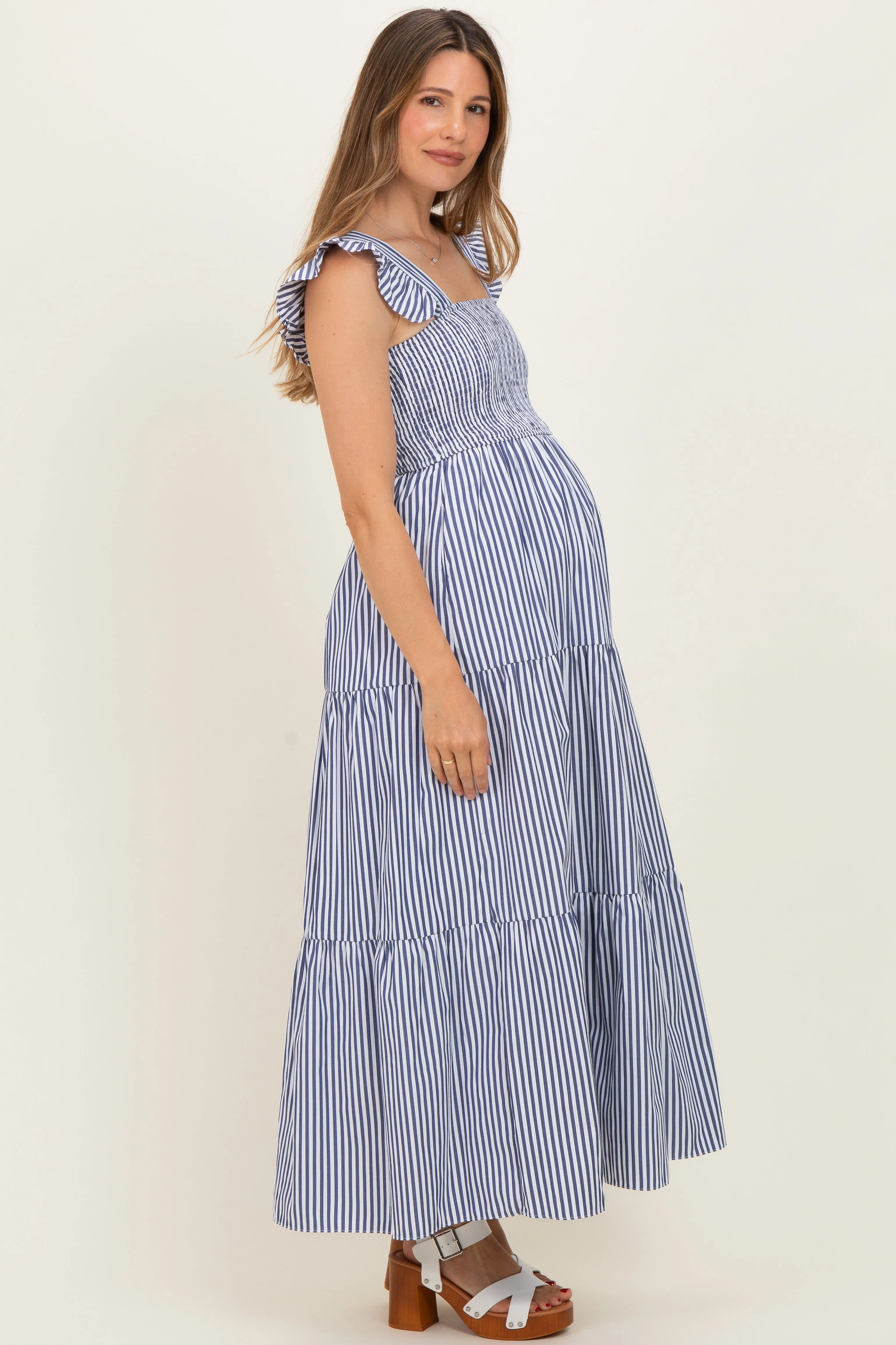 Navy Striped Ruffle Strap Smocked Maternity Maxi Dress sold by Pinkblush product image thumbnail 2