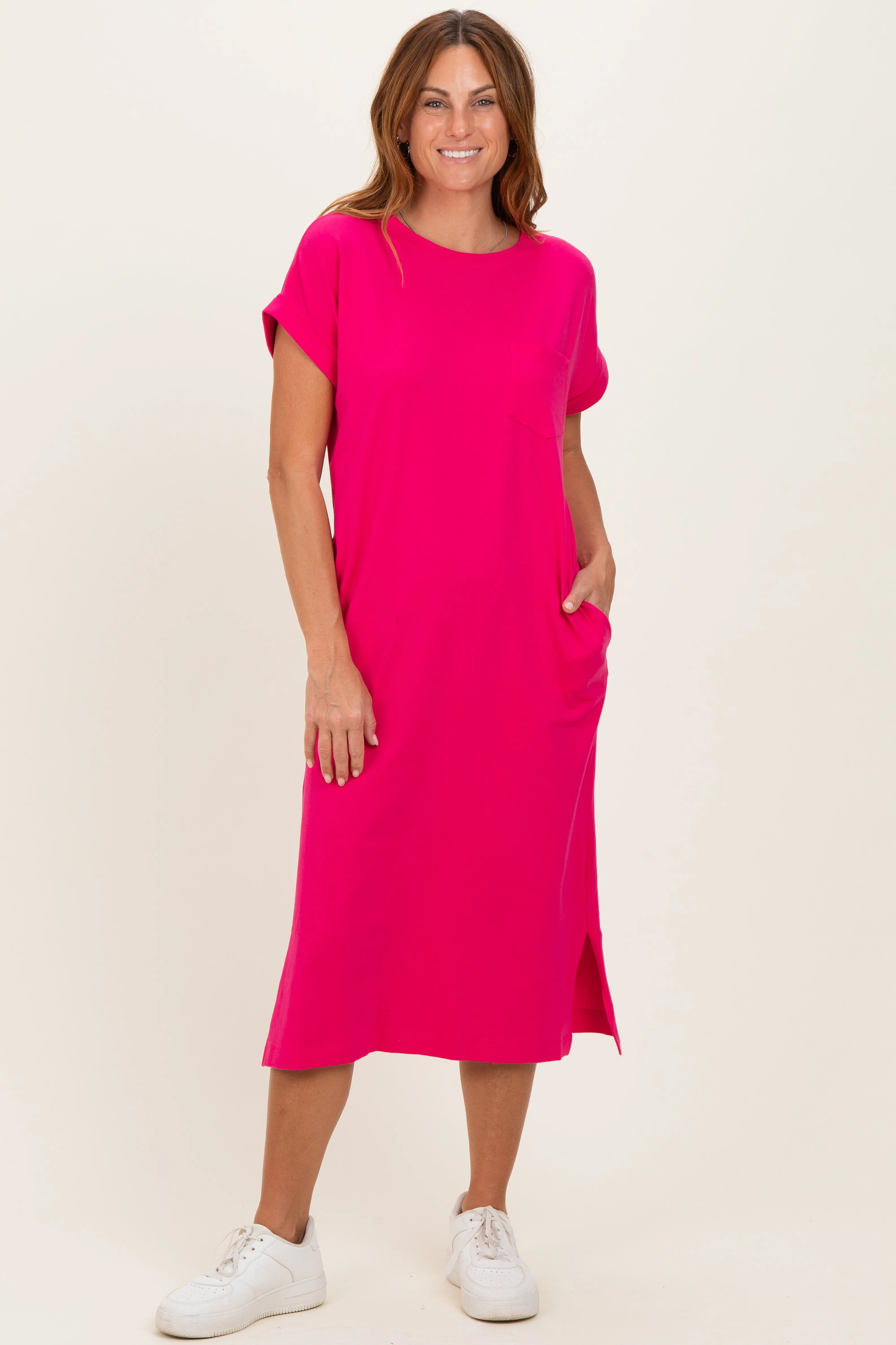 Fuchsia Pocket Front Maternity Midi T-Shirt Dress sold by Pinkblush product image thumbnail 4