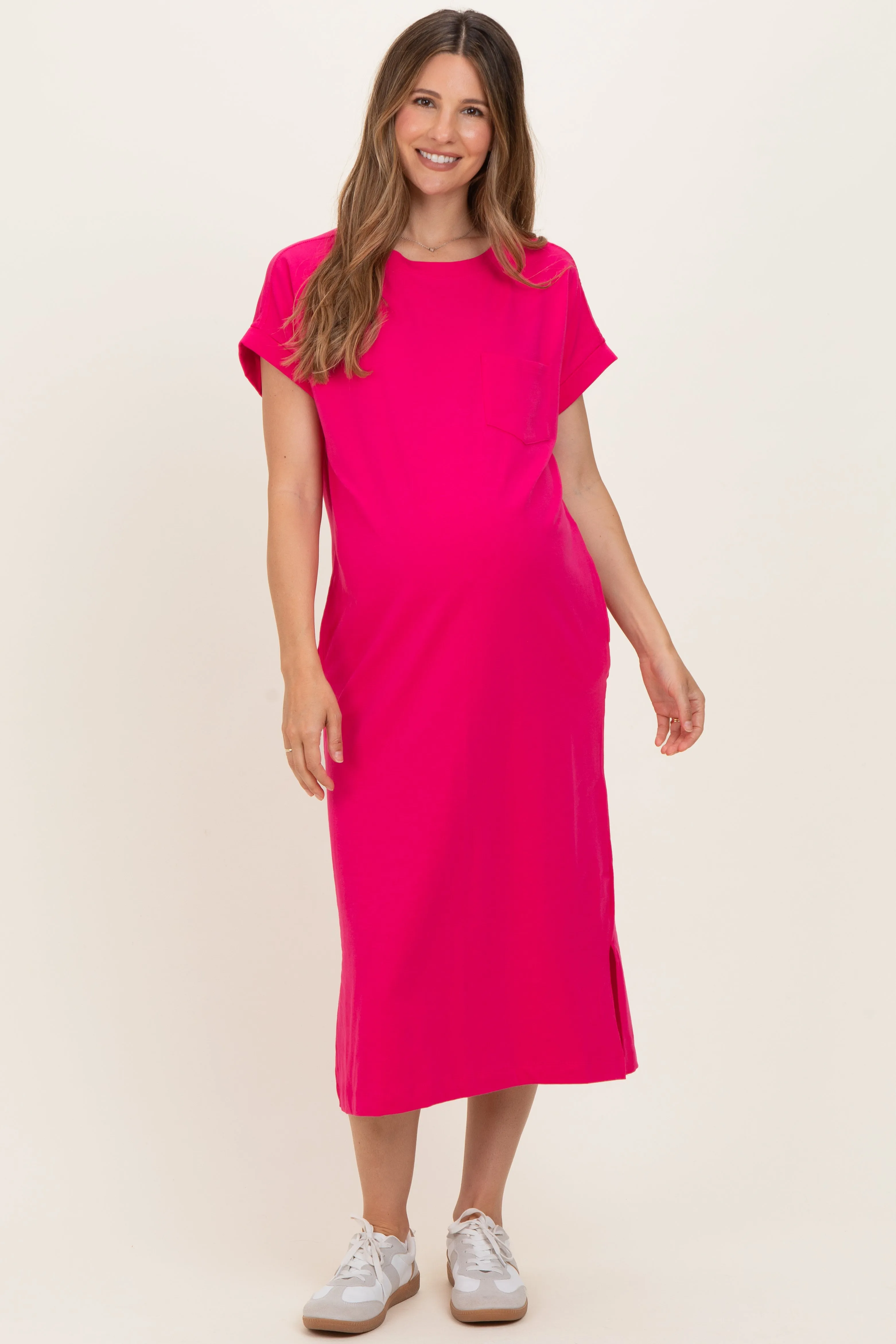 Fuchsia Pocket Front Maternity Midi T-Shirt Dress sold by Pinkblush