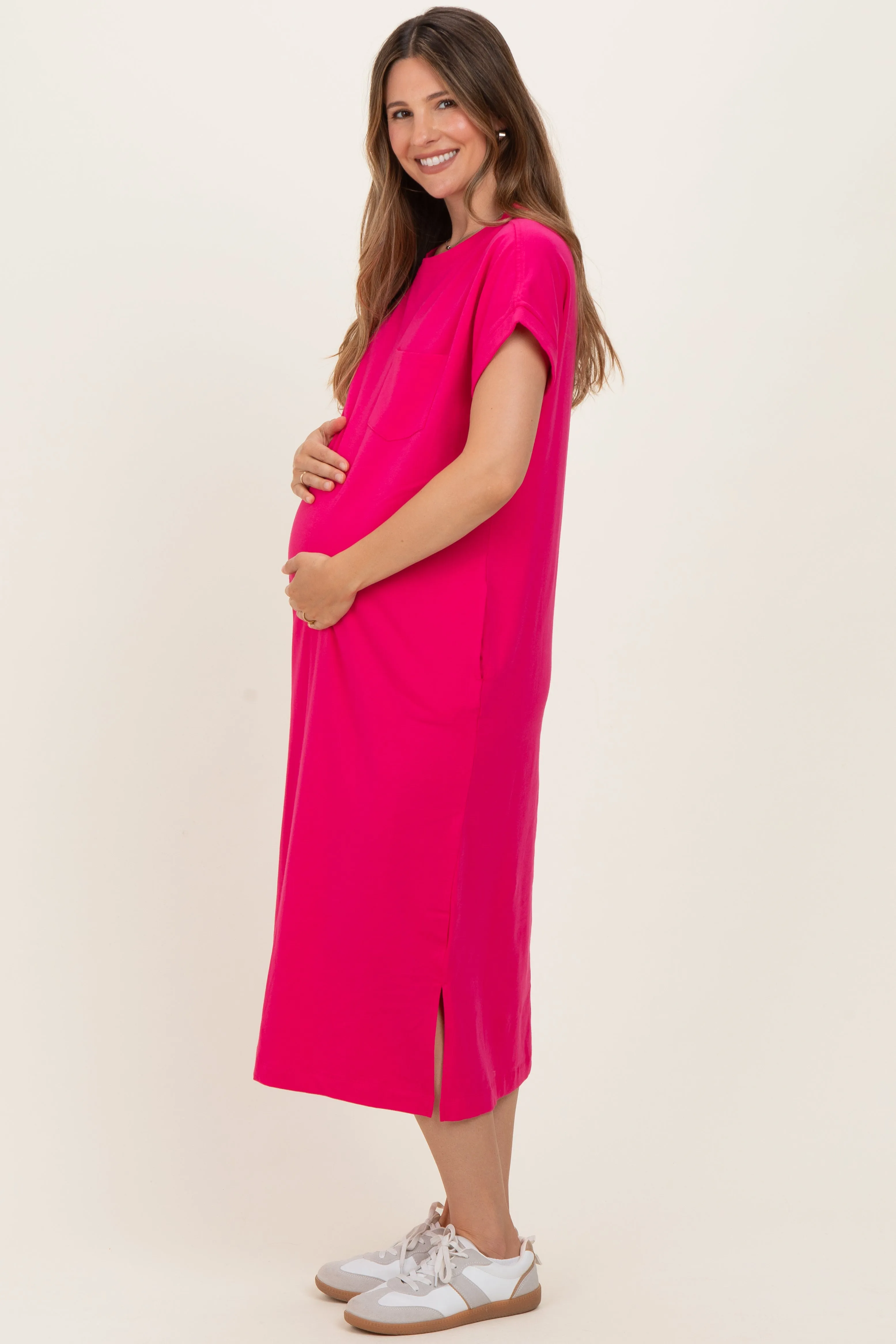Fuchsia Pocket Front Maternity Midi T-Shirt Dress sold by Pinkblush product image thumbnail 2
