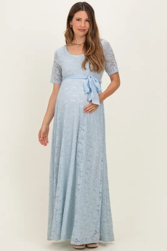Light Blue Lace Sash Tie Maternity Gown made by Pinkblush