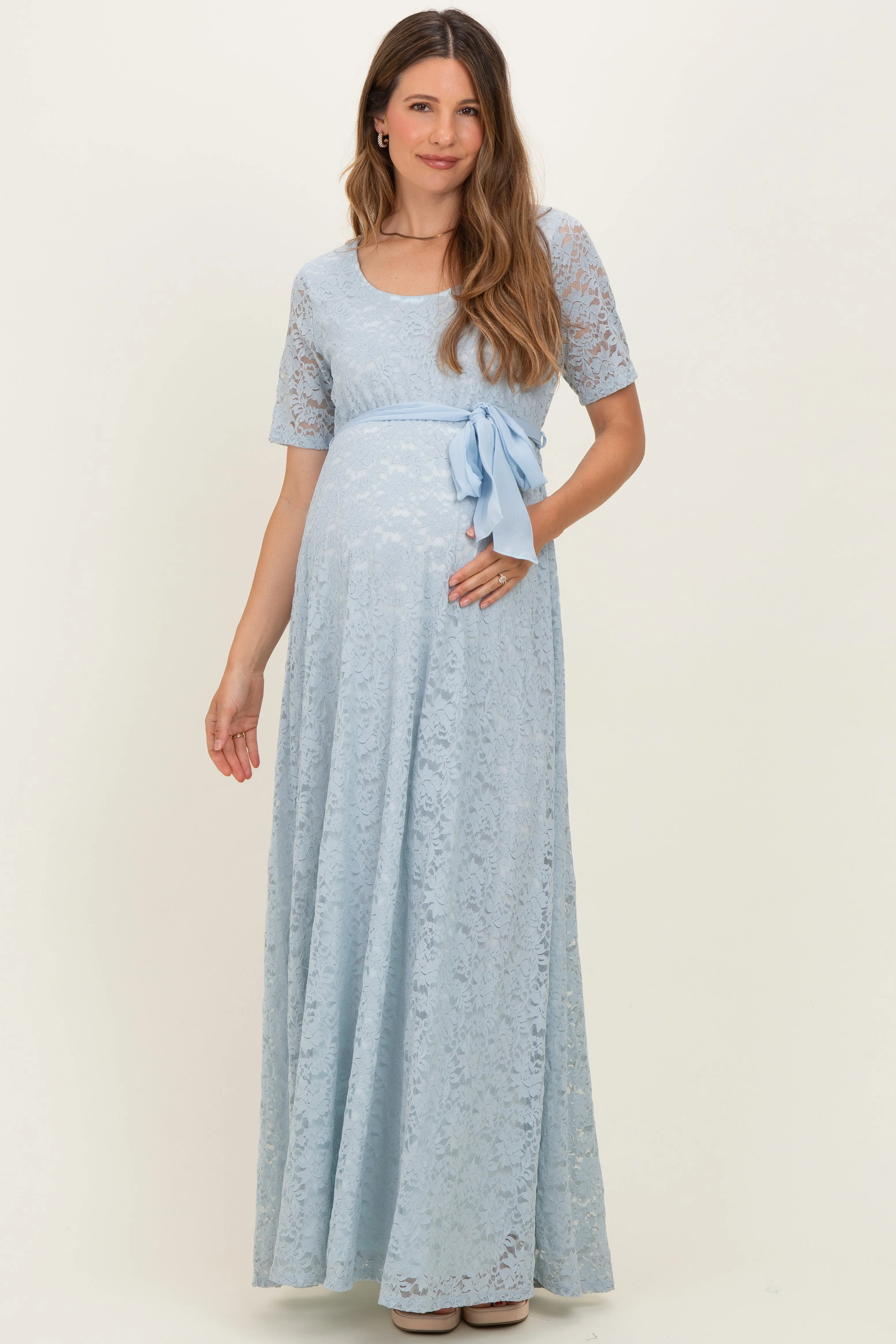 Light Blue Lace Sash Tie Maternity Gown sold by Pinkblush