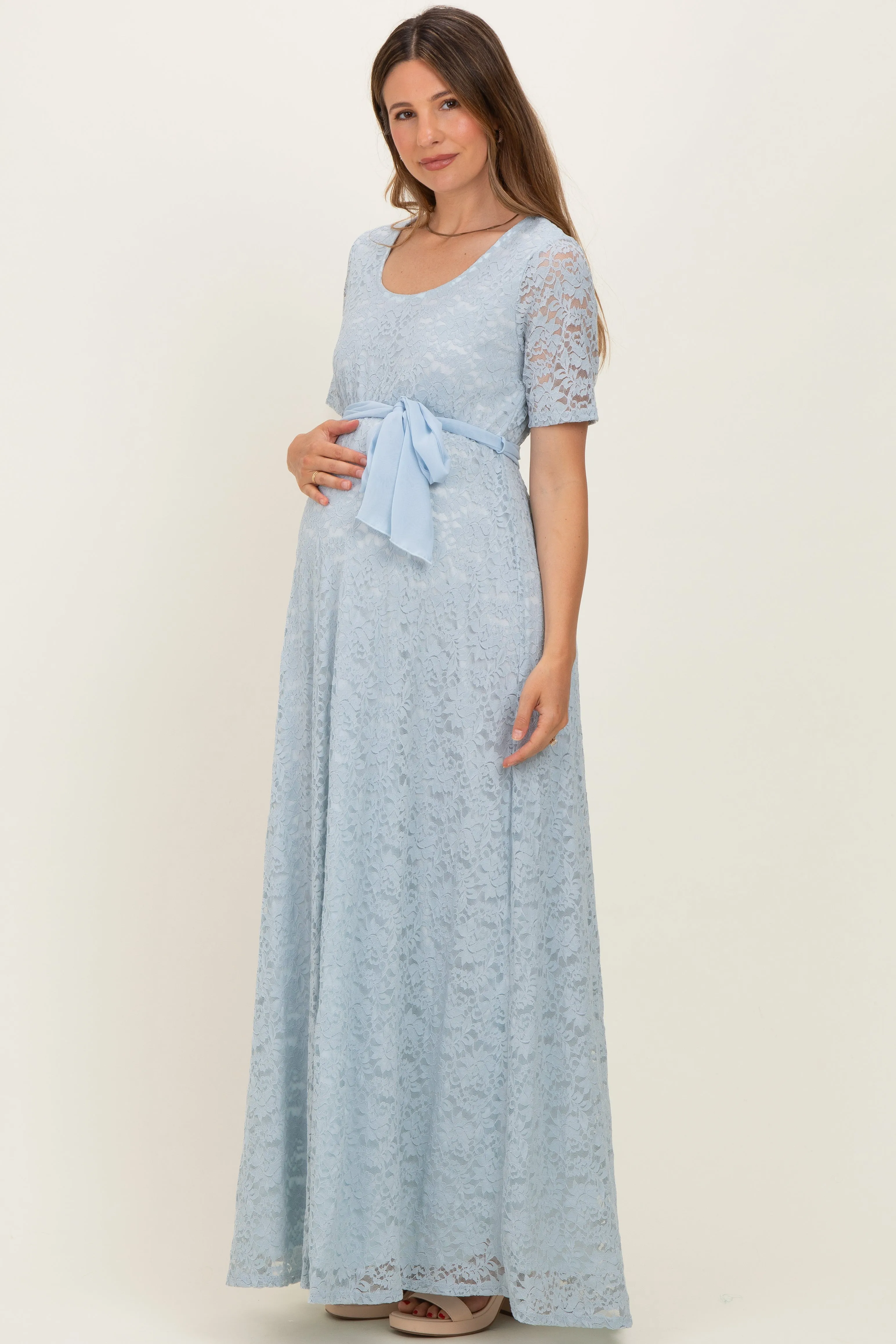 Light Blue Lace Sash Tie Maternity Gown sold by Pinkblush product image thumbnail 2