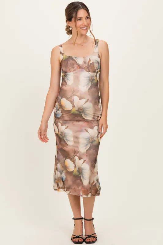 Taupe Mesh Floral Sleeveless Maternity Midi Dress made by privy
