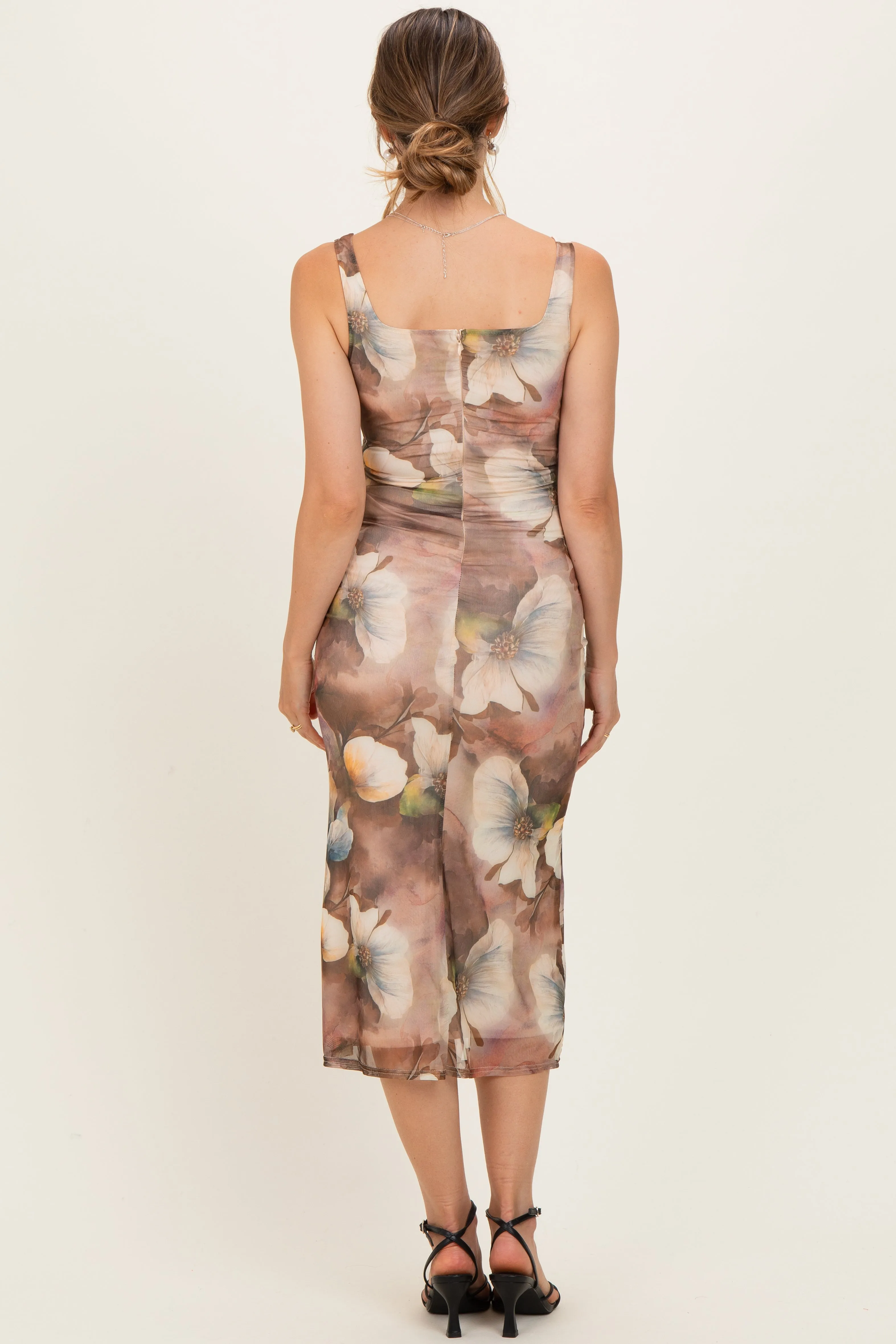 Taupe Mesh Floral Sleeveless Maternity Midi Dress sold by Pinkblush product image thumbnail 4