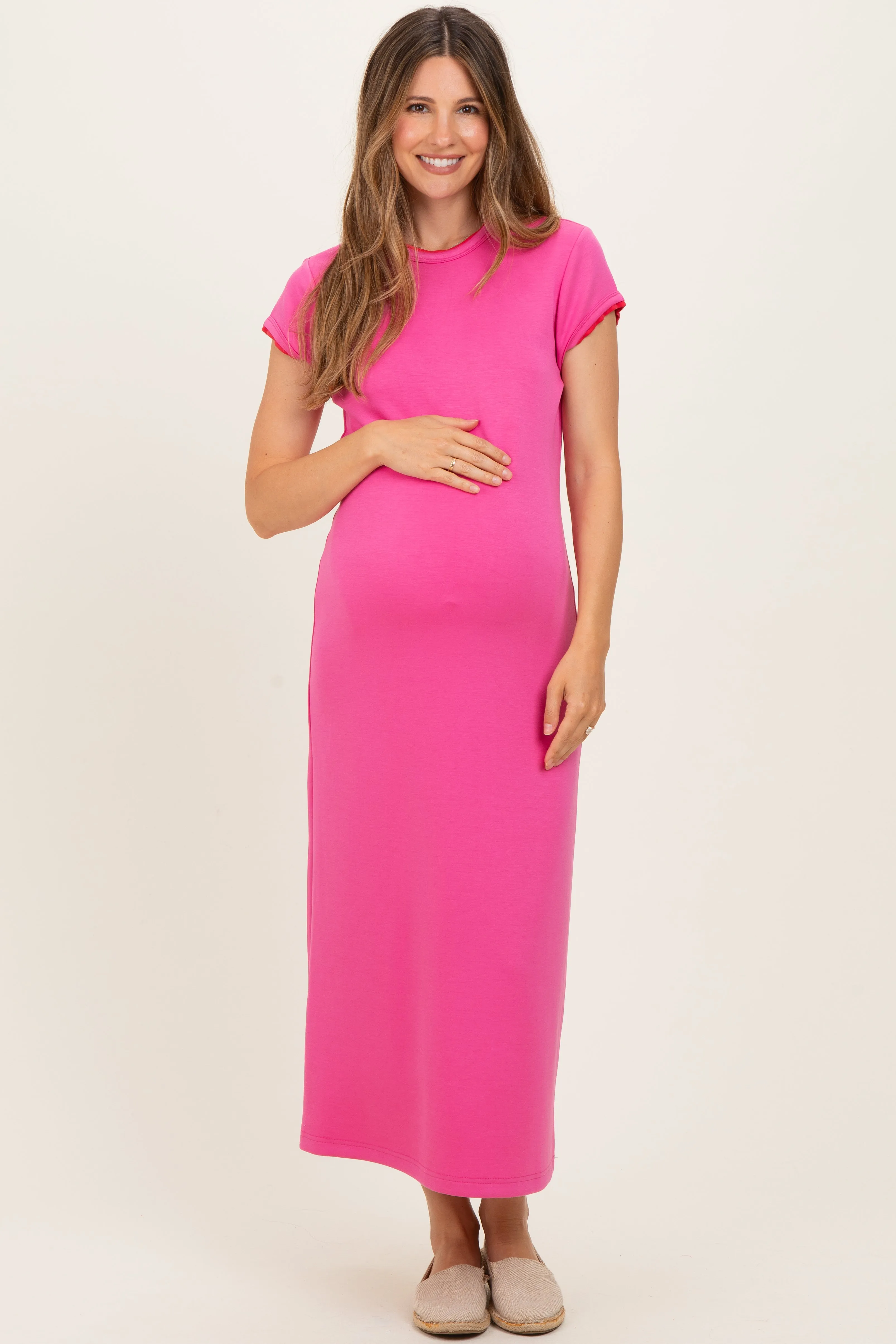 Fuchsia Contrast Trim Short Sleeve Maternity Midi Dress sold by Pinkblush