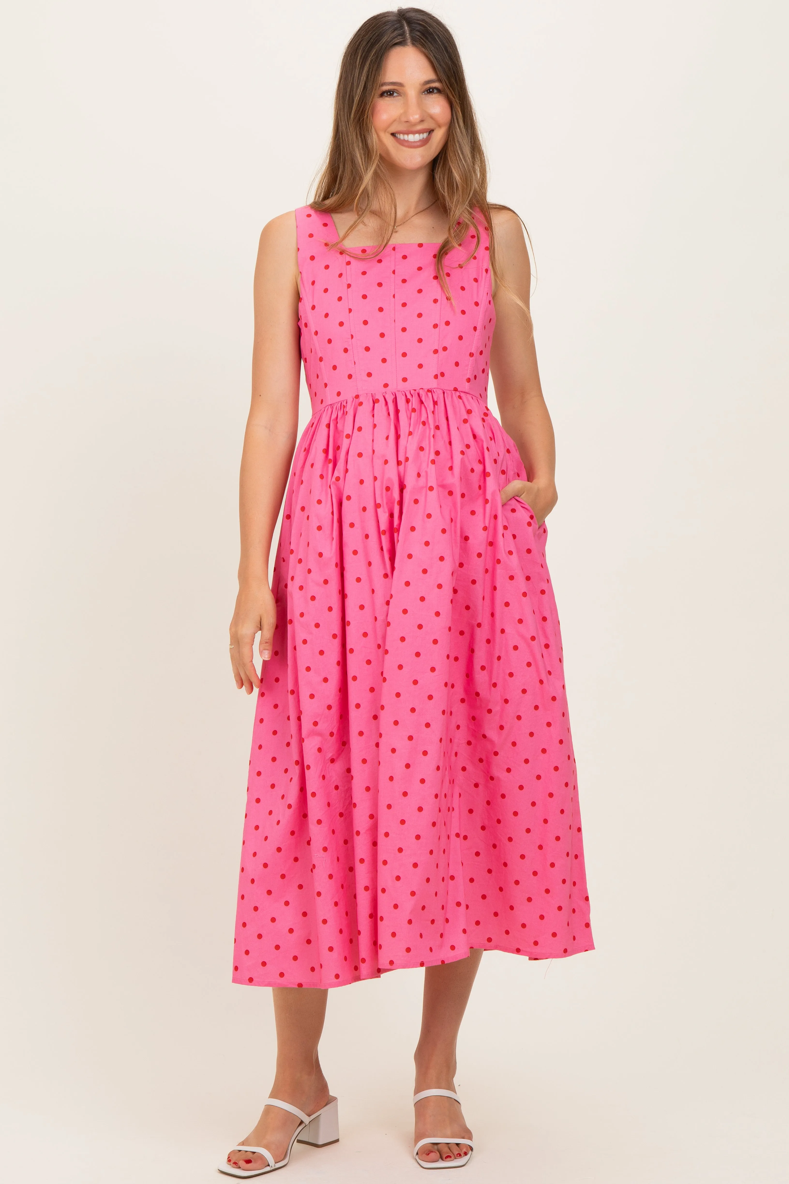 Pink Polka Dot Sleeveless Maternity Midi Dress sold by Pinkblush