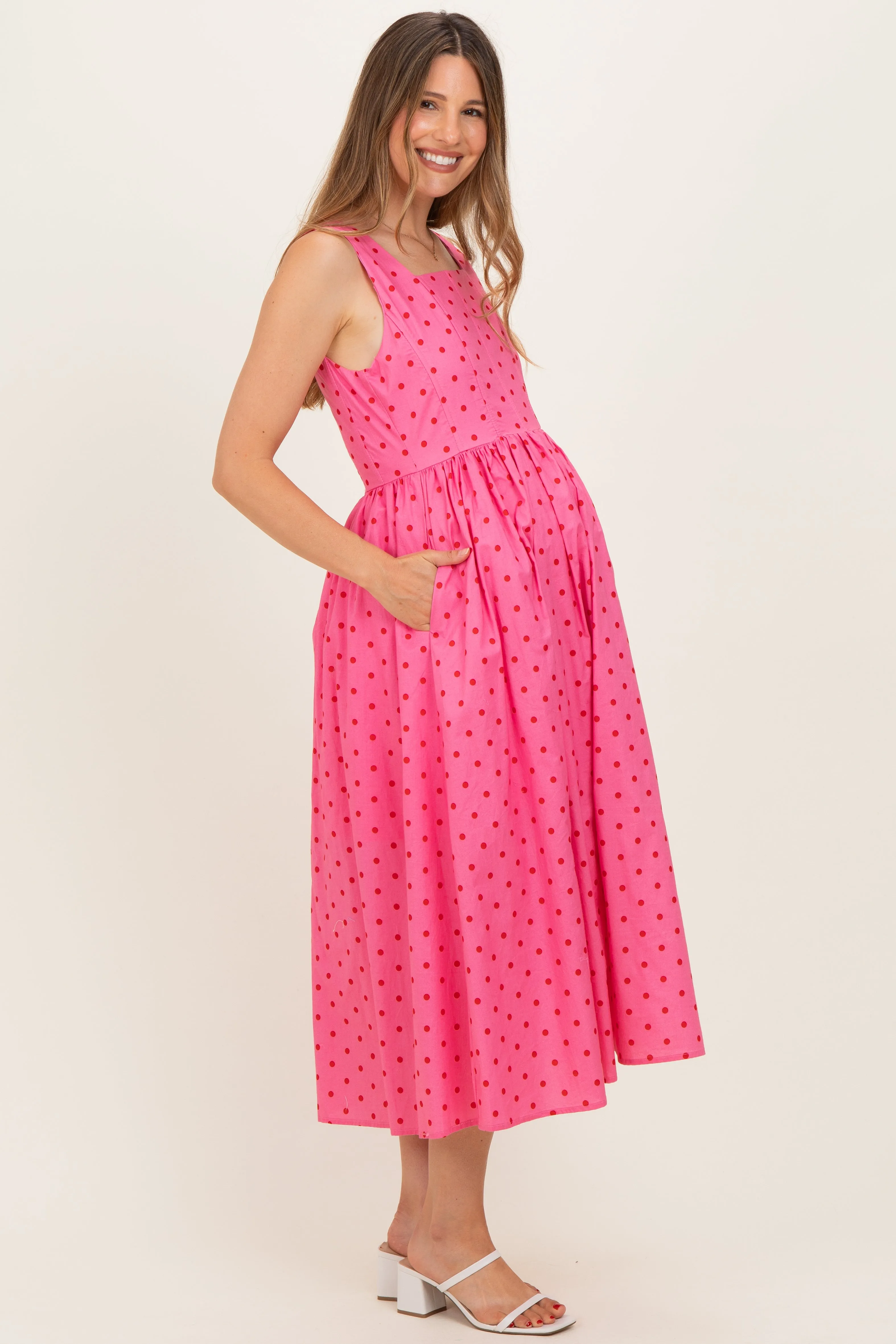 Pink Polka Dot Sleeveless Maternity Midi Dress sold by Pinkblush product image thumbnail 2
