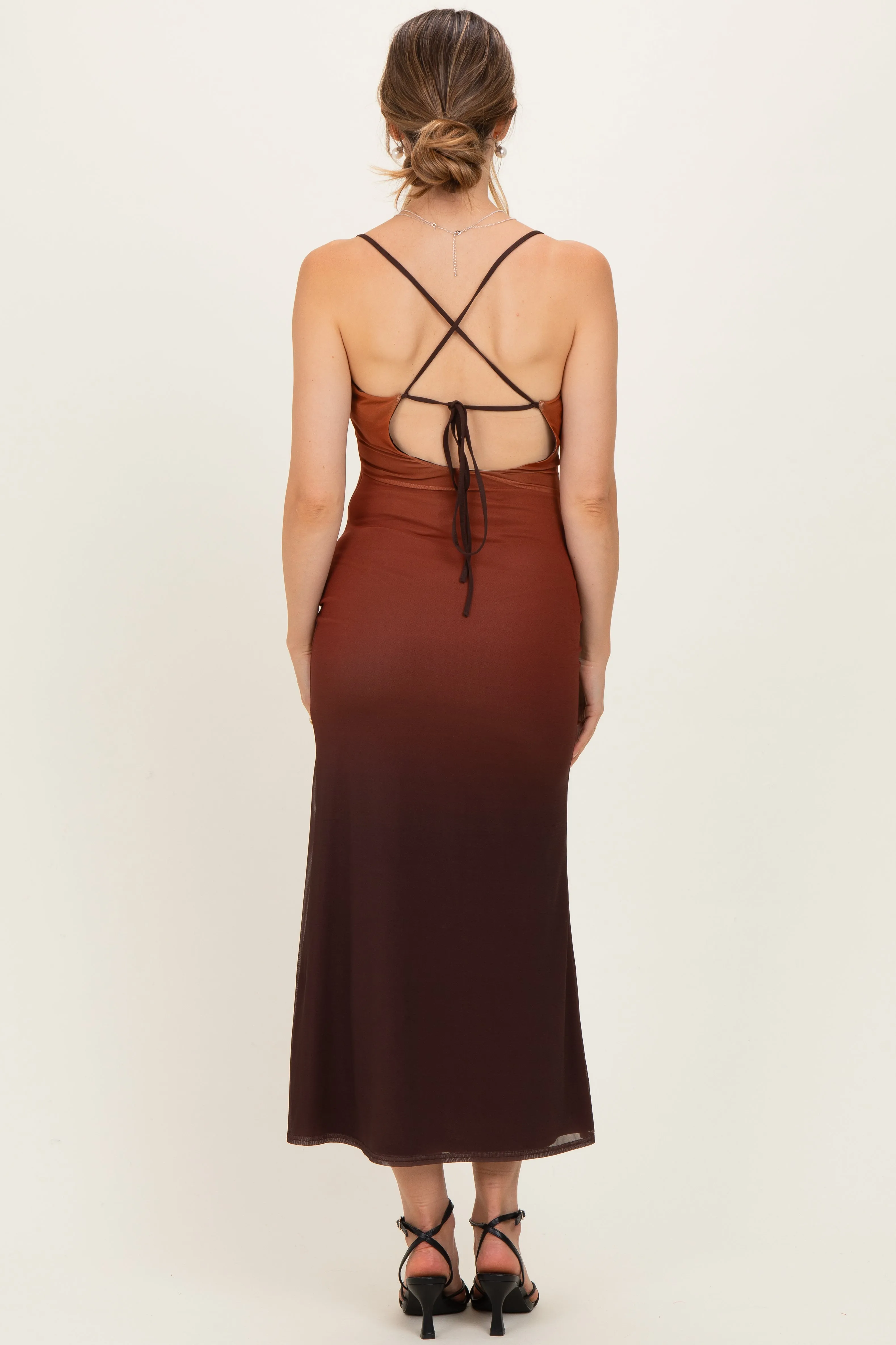 Ombre Brown Mesh Draped Neck Maternity Maxi Dress sold by Pinkblush product image thumbnail 3