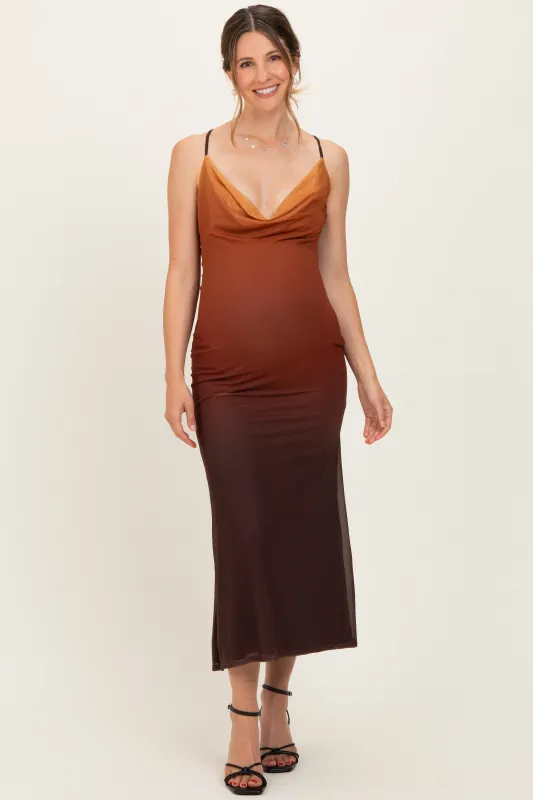 Ombre Brown Mesh Draped Neck Maternity Maxi Dress made by privy