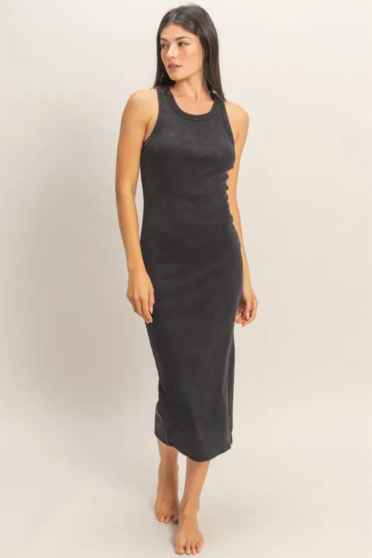 Black Acid Washed Ribbed Midi Tank Dress made by HYFVE