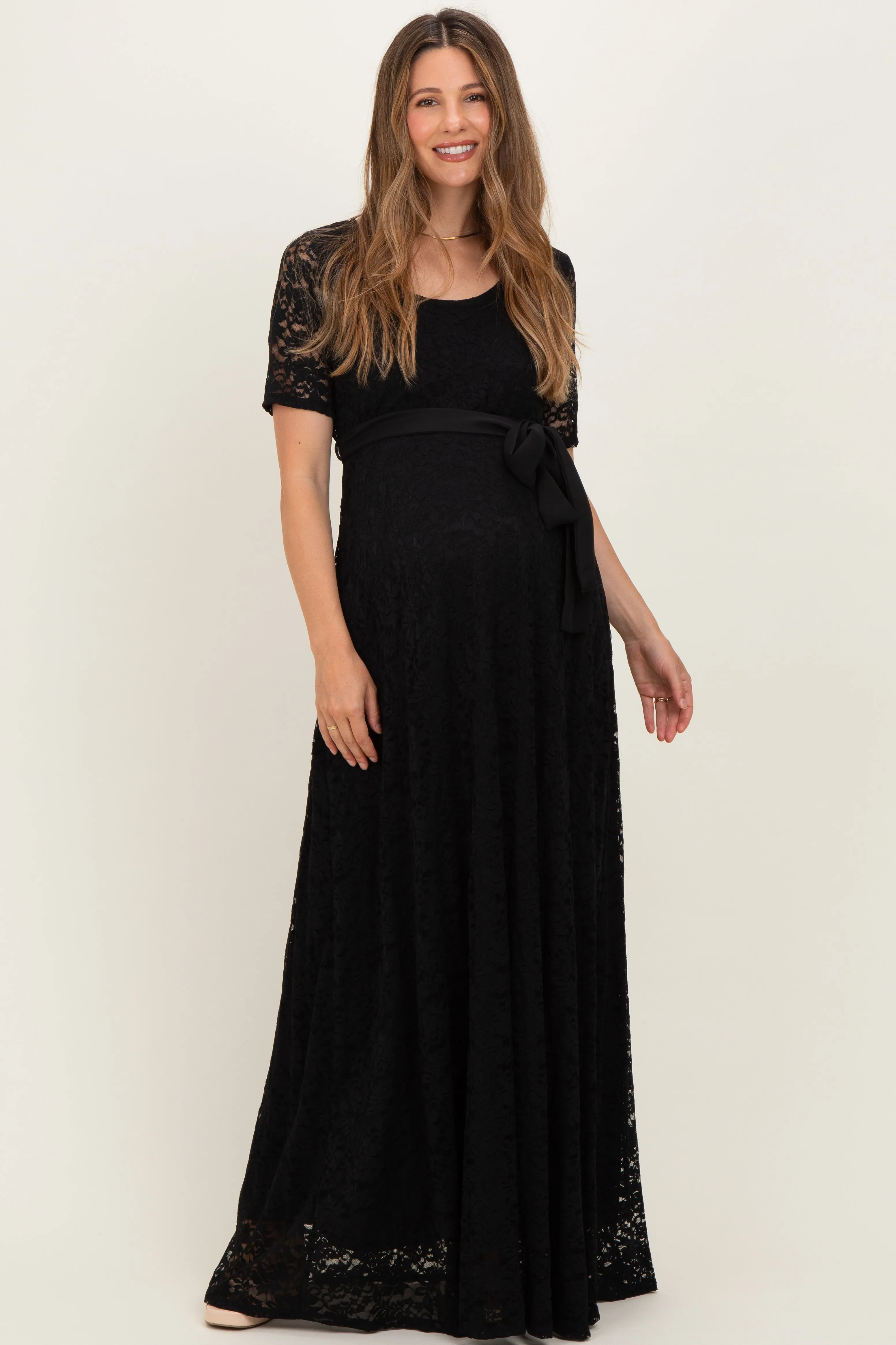 Black Lace Sash Tie Maternity Gown sold by Pinkblush