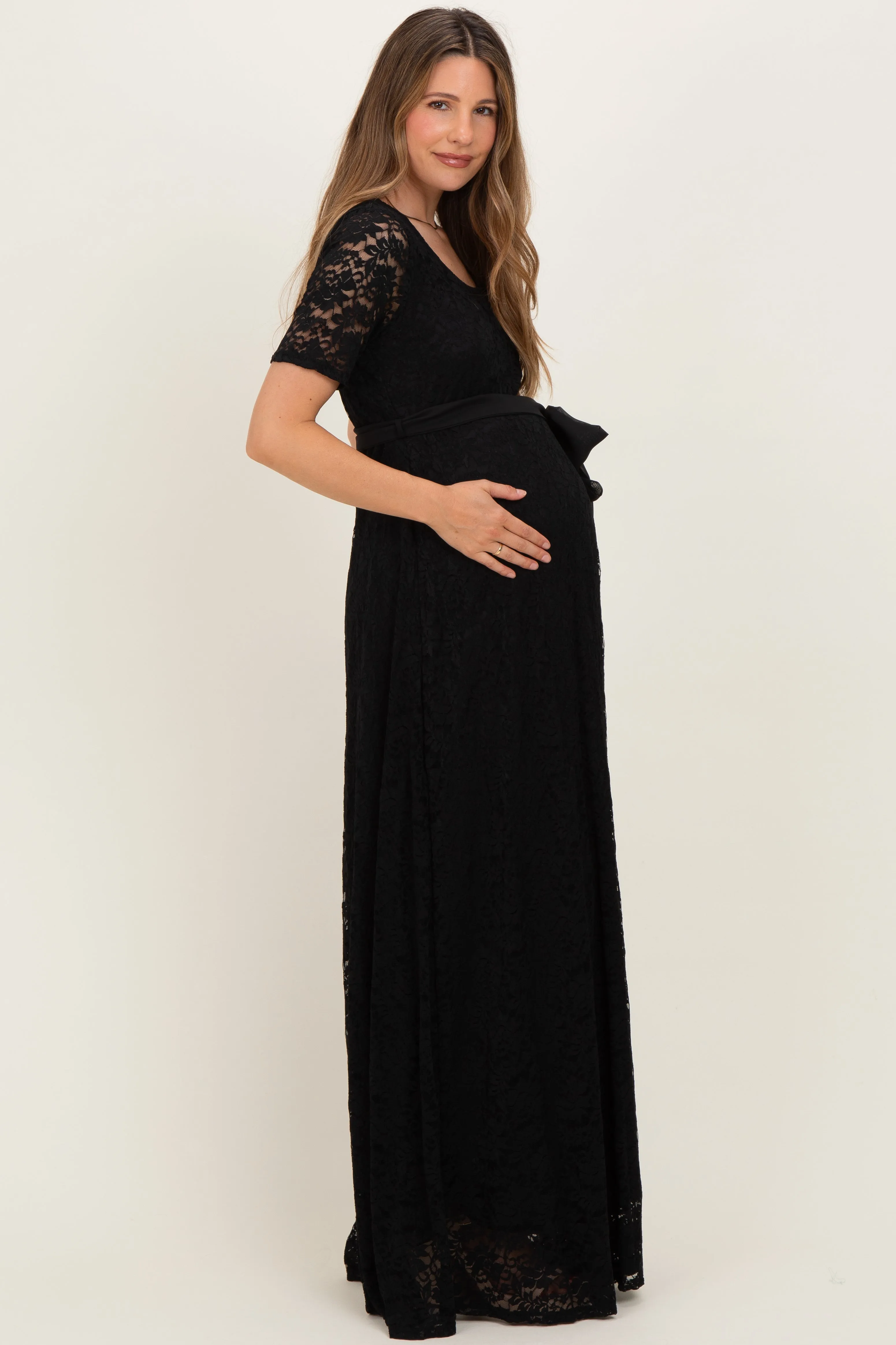 Black Lace Sash Tie Maternity Gown sold by Pinkblush product image thumbnail 2