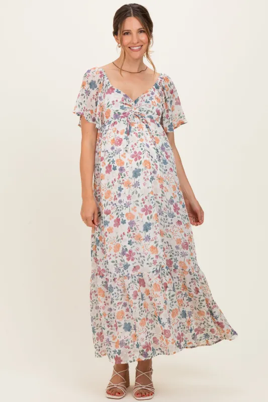 Ivory Floral Short Sleeve Maternity Maxi Dress made by Pinkblush