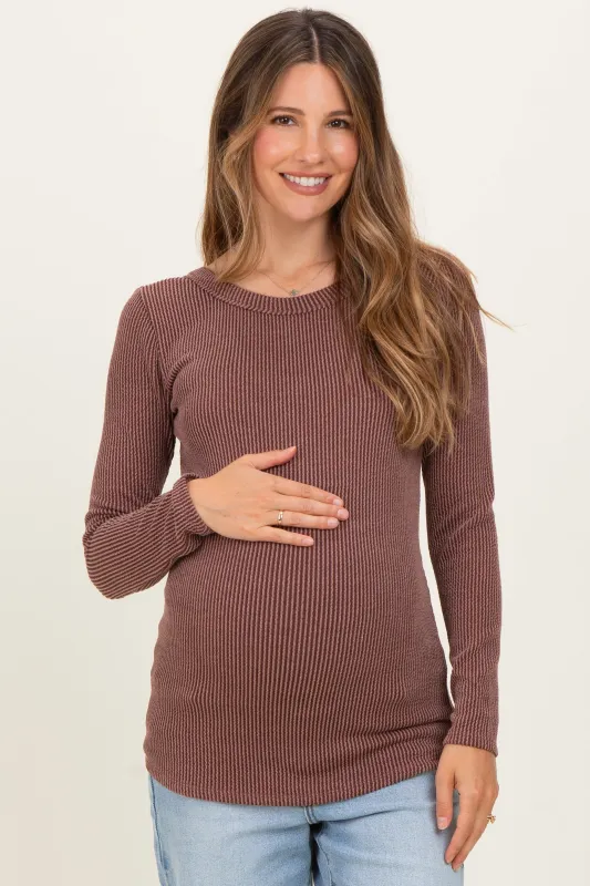 Brown Ribbed Scoop Neck Long Sleeve Maternity Top made by Hello MIZ