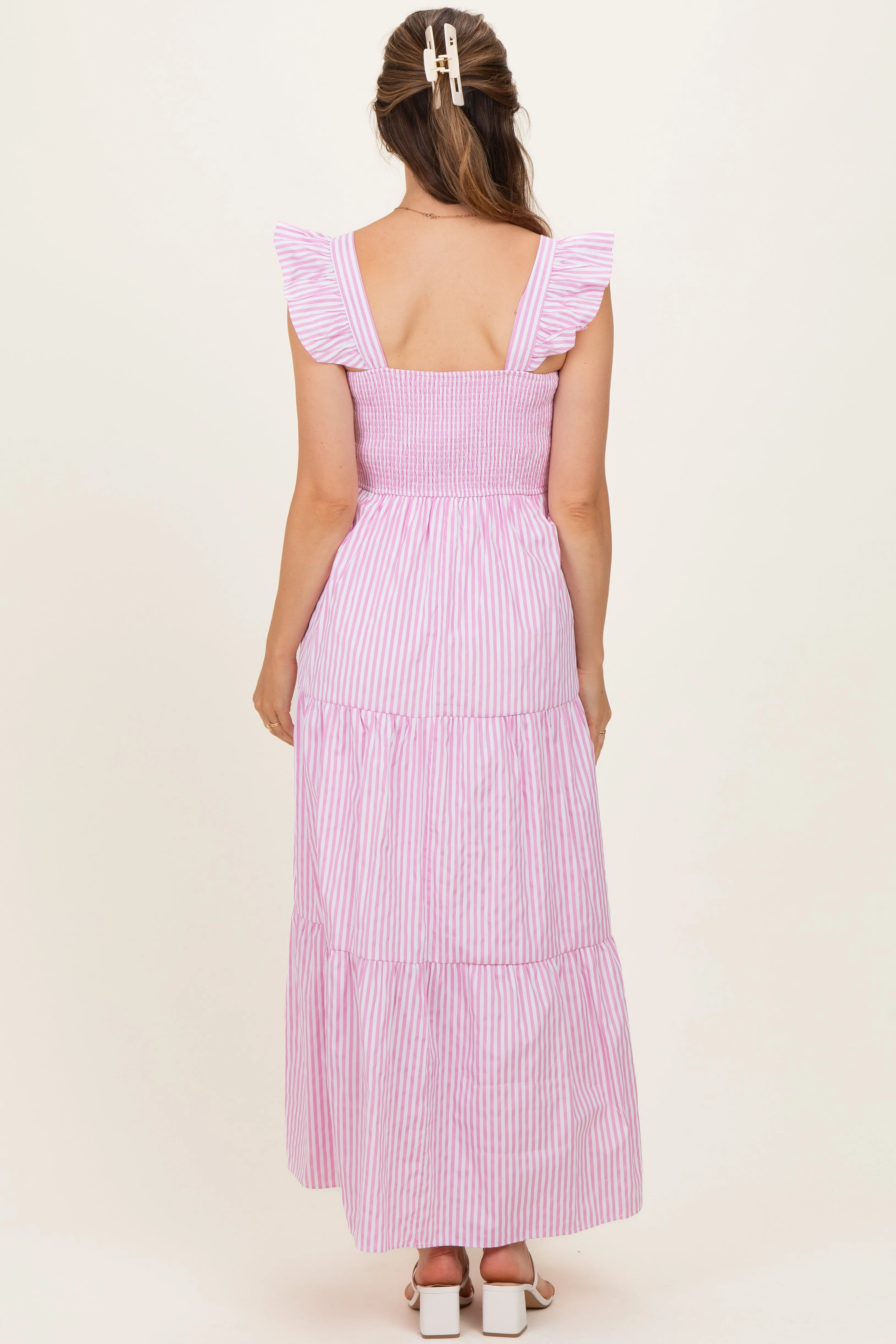 Pink Striped Ruffle Strap Smocked Maternity Maxi Dress sold by Pinkblush product image thumbnail 3