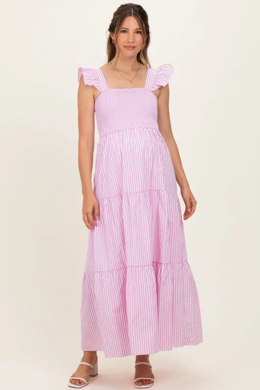 Pink Striped Ruffle Strap Smocked Maternity Maxi Dress made by She and Sky