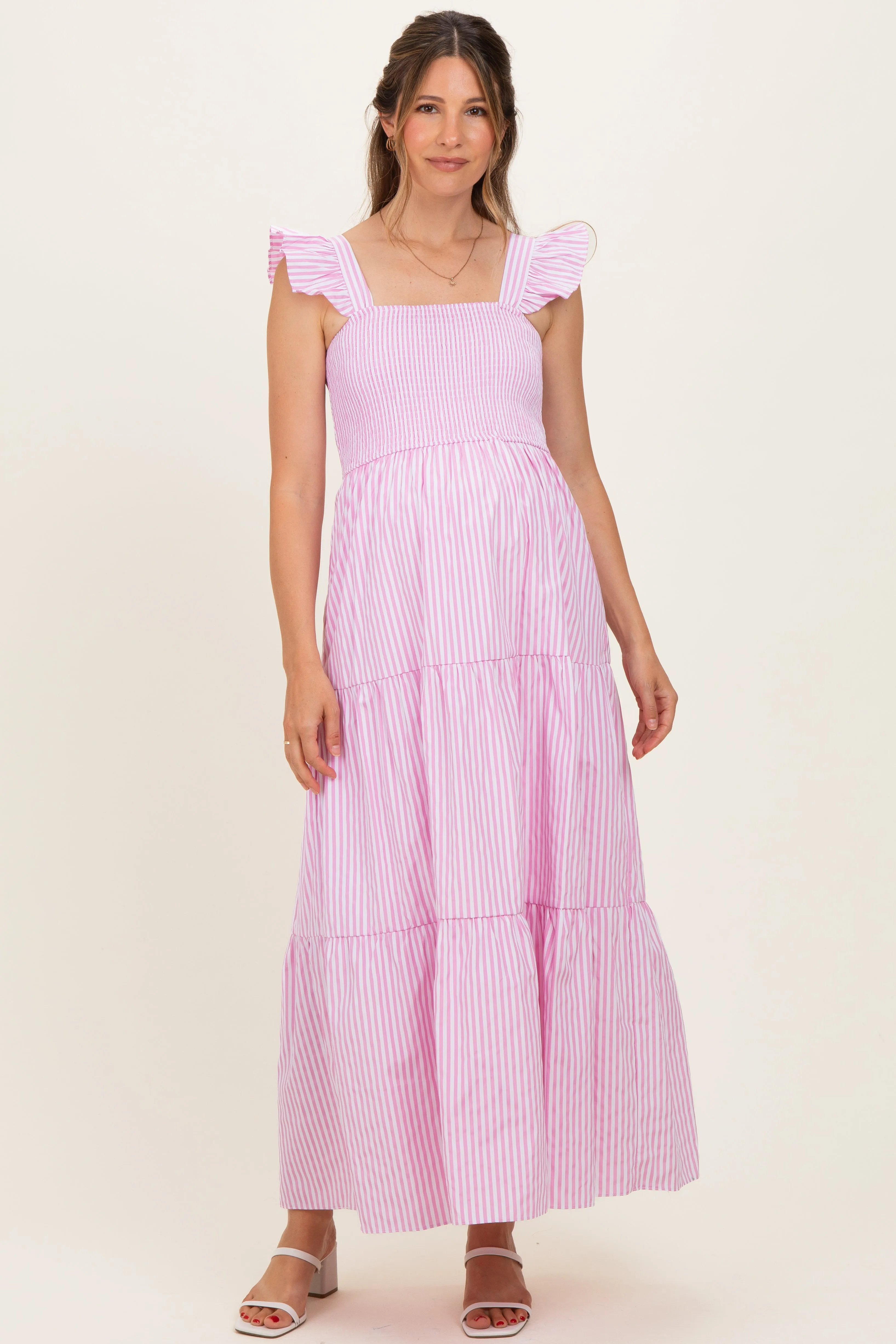 Pink Striped Ruffle Strap Smocked Maternity Maxi Dress sold by Pinkblush