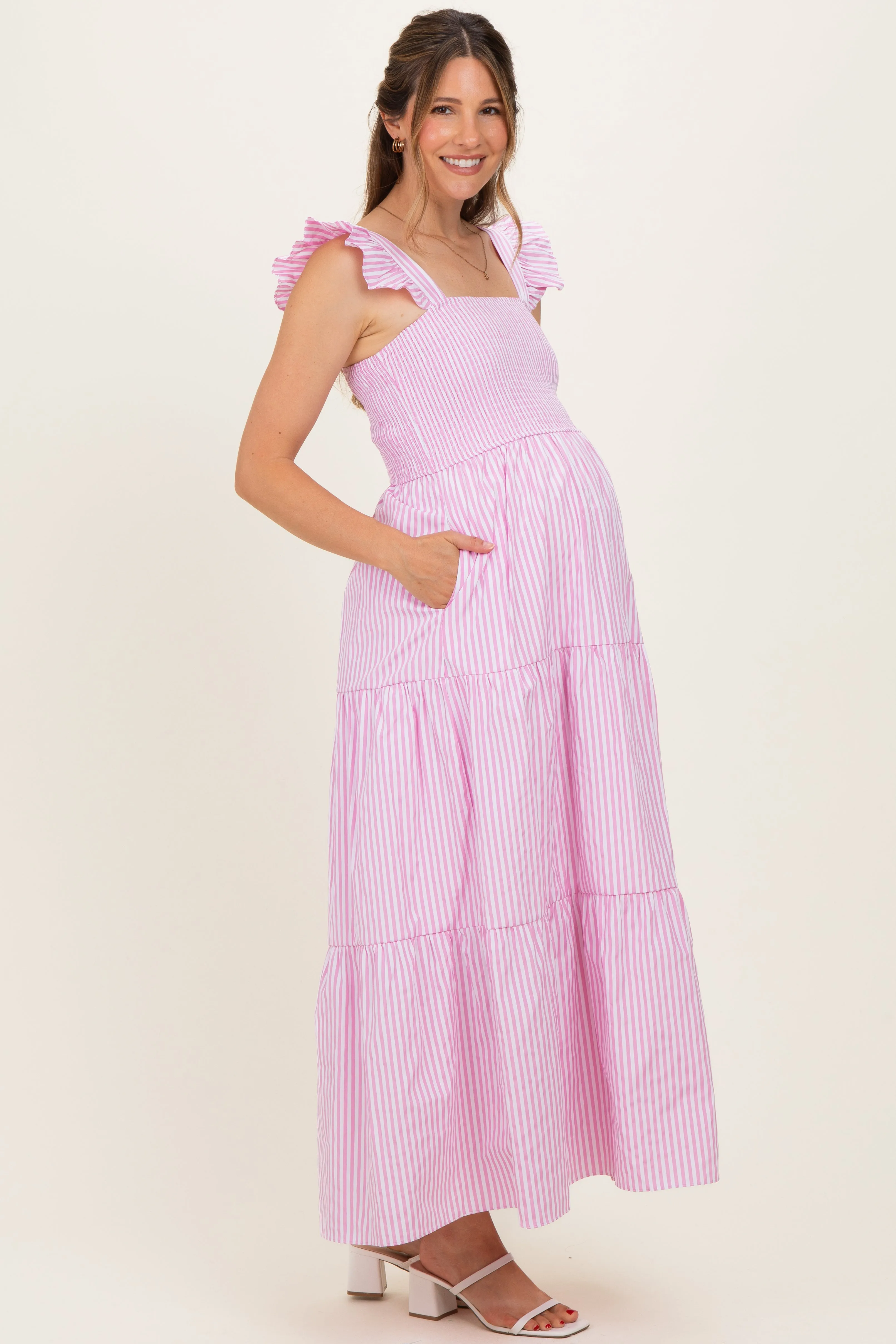 Pink Striped Ruffle Strap Smocked Maternity Maxi Dress sold by Pinkblush product image thumbnail 2