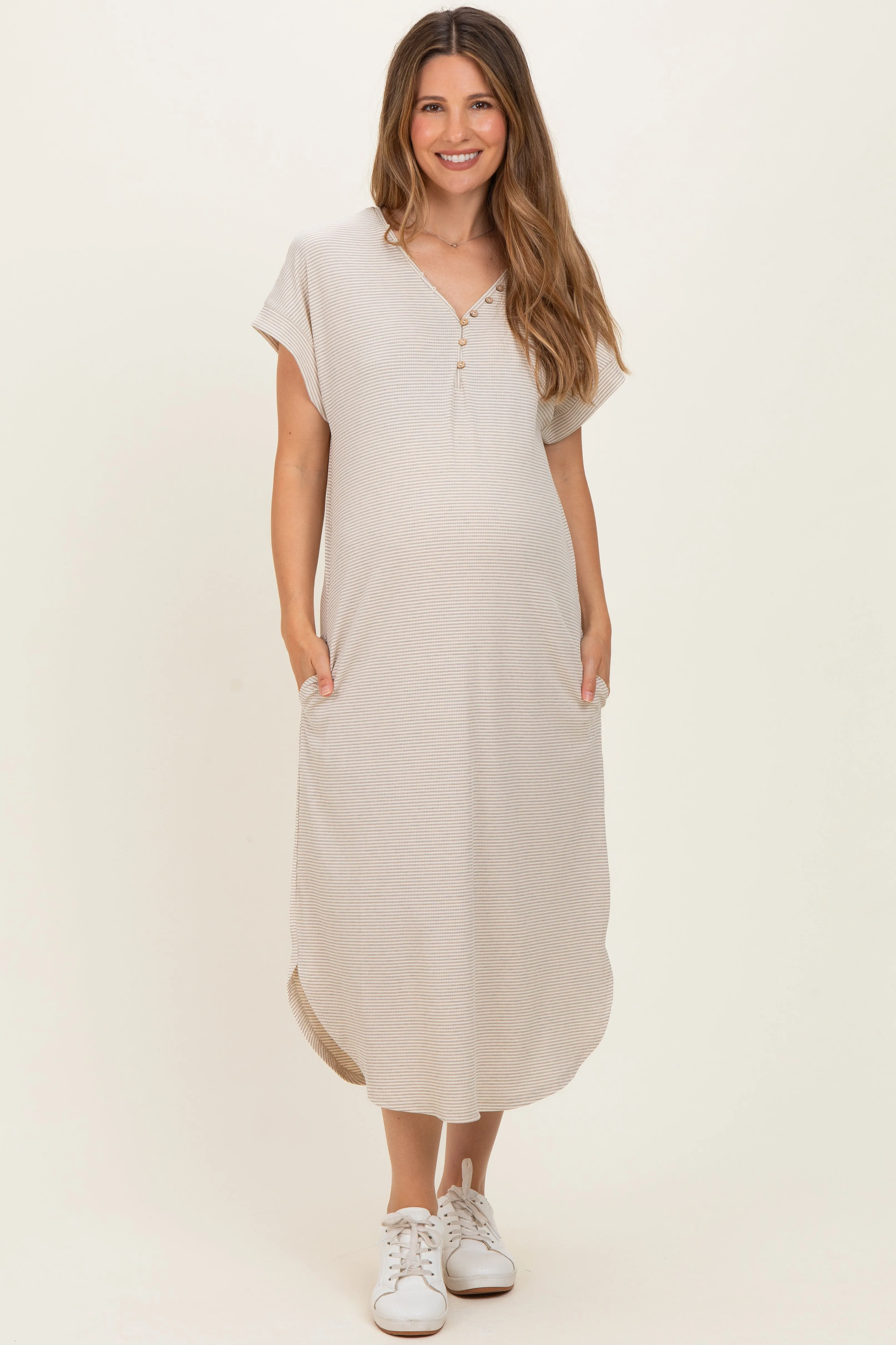Grey Striped Button Detail Maternity Midi Dress sold by Pinkblush
