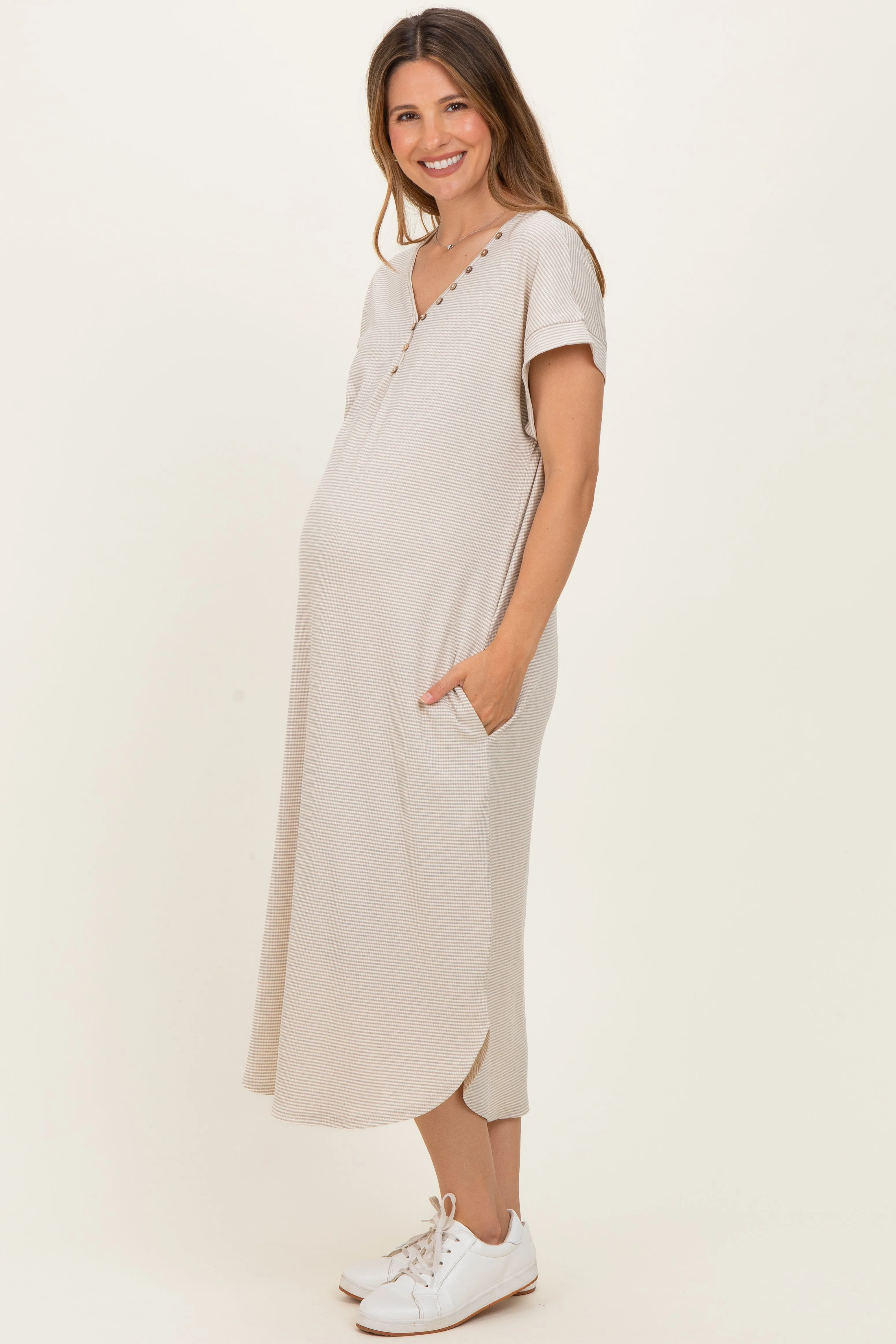 Grey Striped Button Detail Maternity Midi Dress sold by Pinkblush product image thumbnail 2