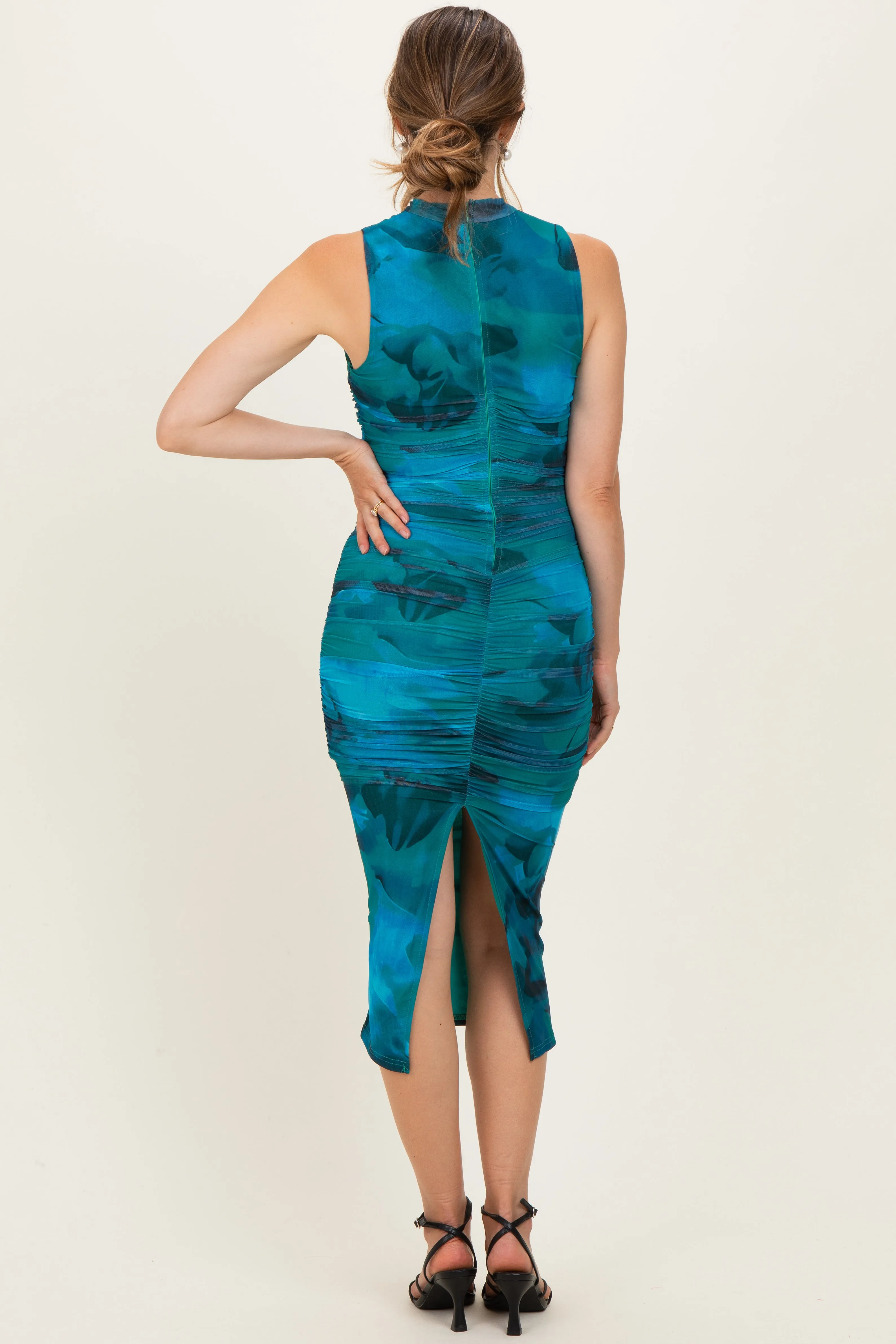Turquoise Floral Mock Neck Ruched Maternity Midi Dress sold by Pinkblush product image thumbnail 3