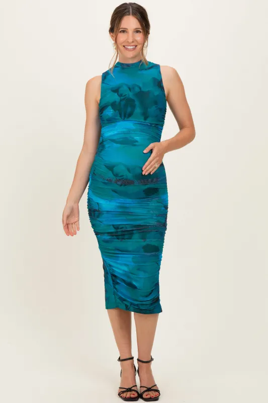 Turquoise Floral Mock Neck Ruched Maternity Midi Dress made by privy