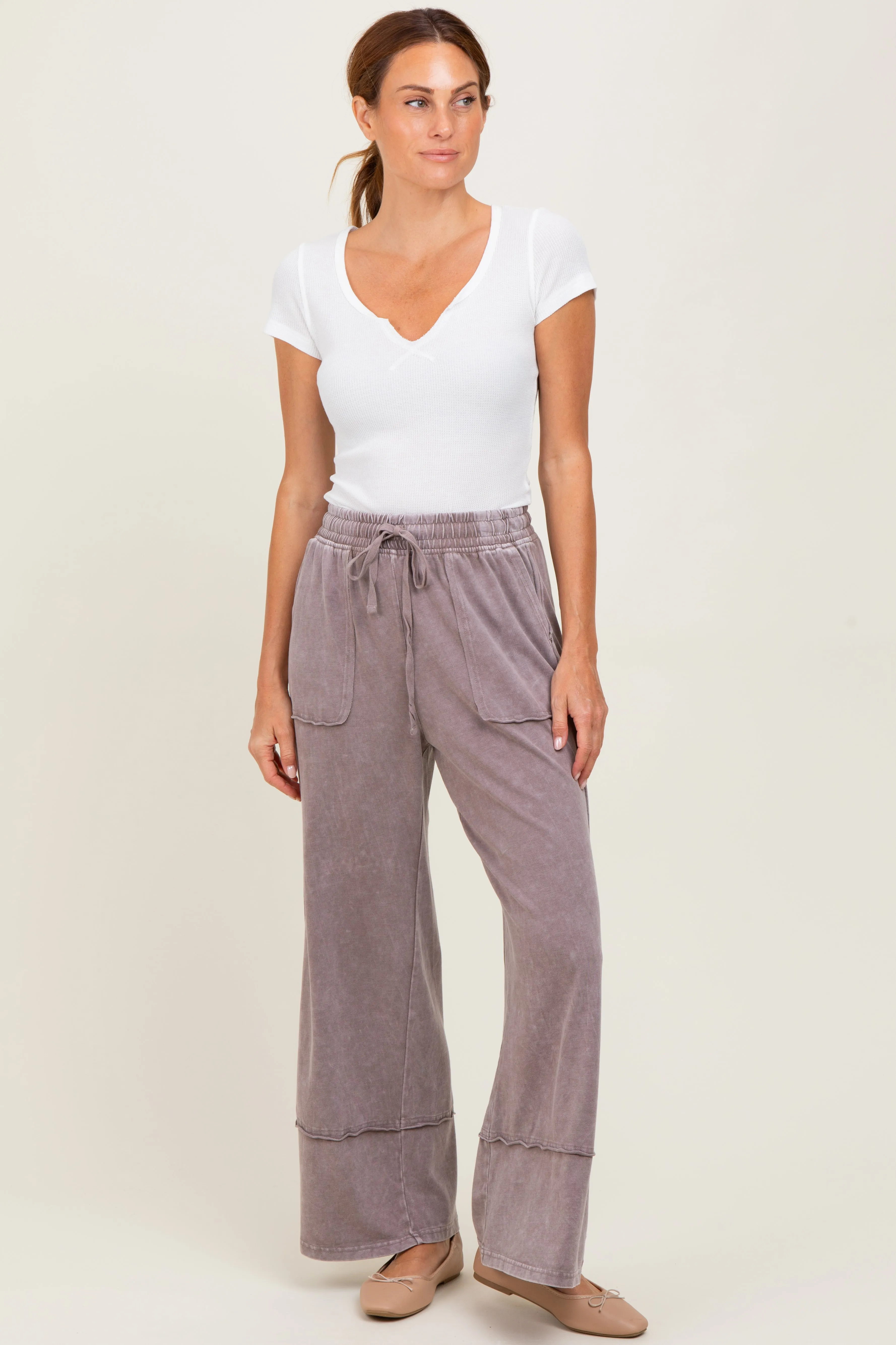 Mocha Mineral Wash Wide Leg Ankle Pants sold by Pinkblush