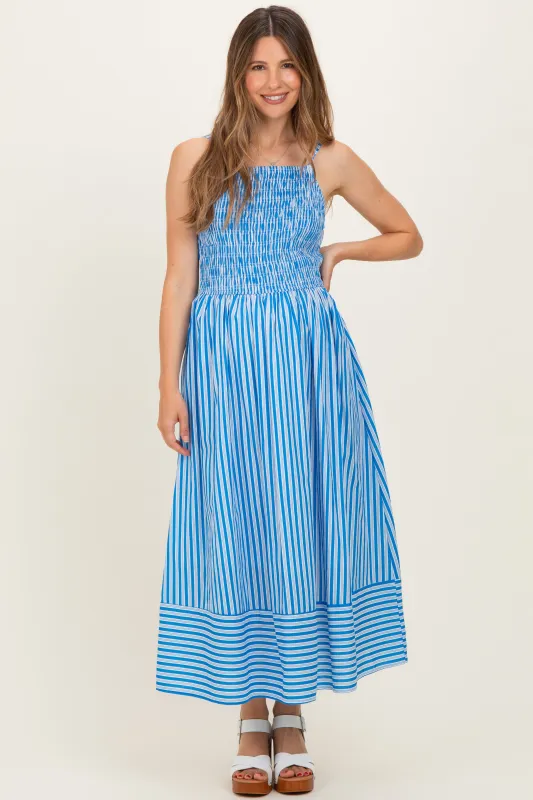 Blue Striped Smocked Maternity Midi Dress made by entro