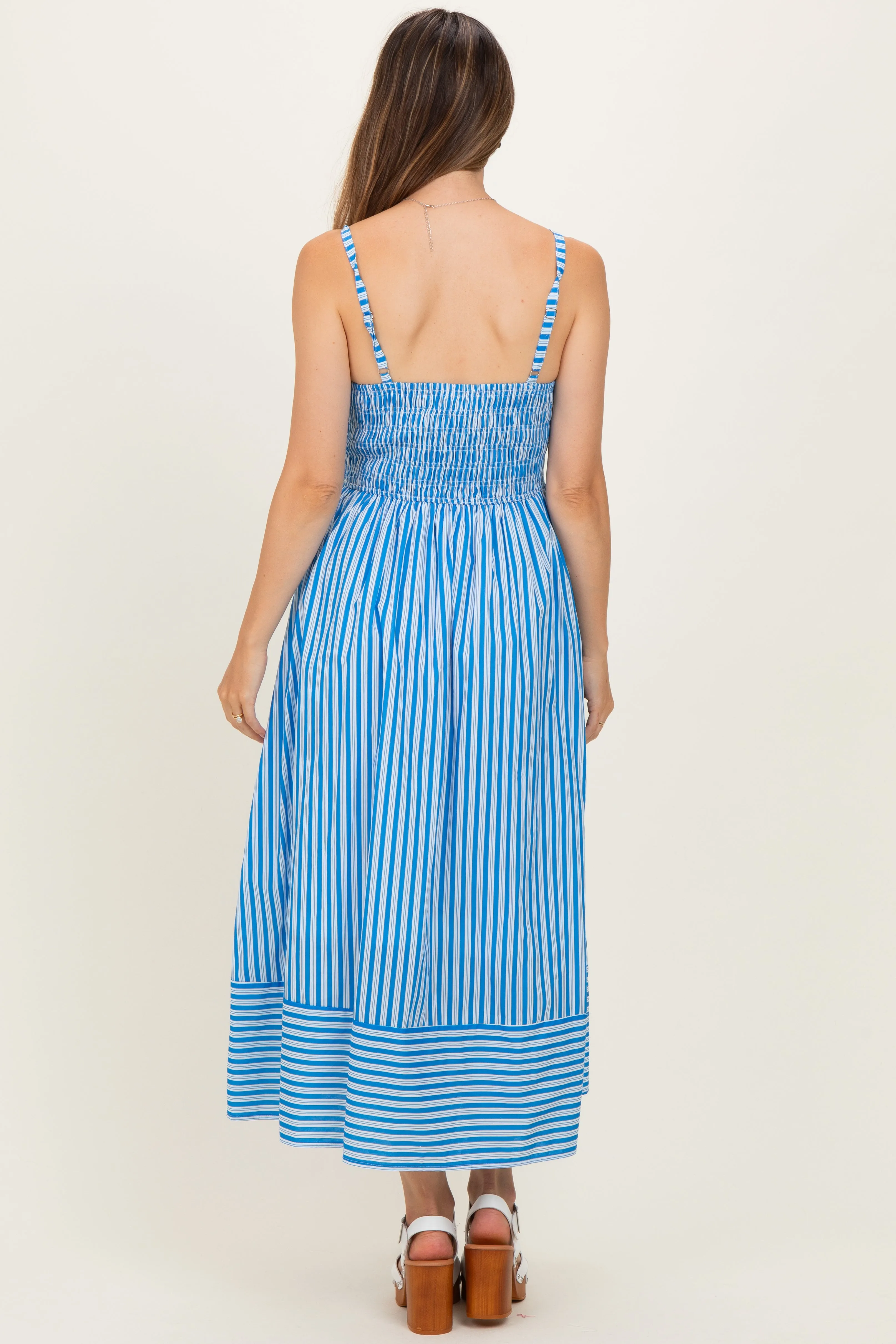 Blue Striped Smocked Maternity Midi Dress sold by Pinkblush product image thumbnail 2