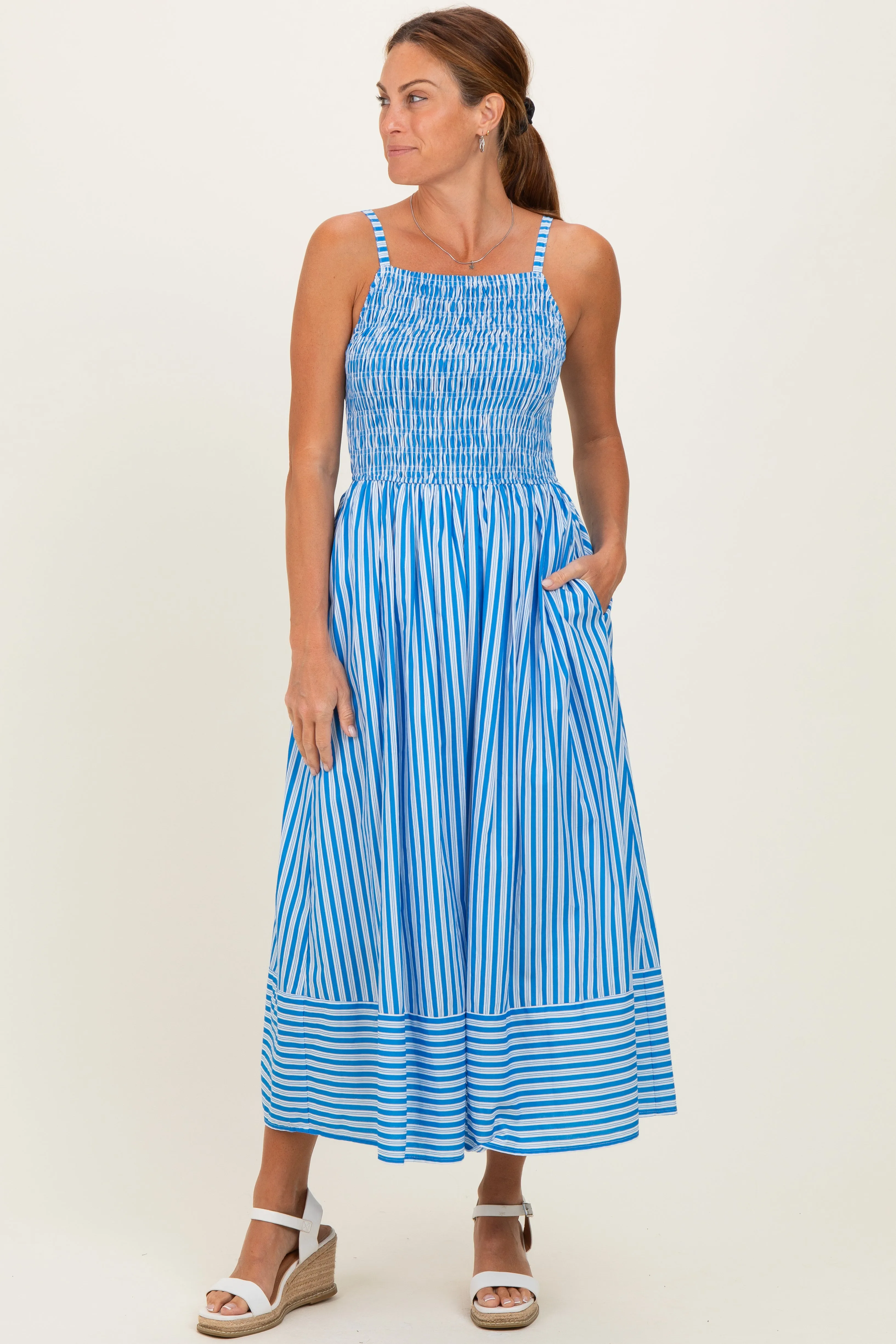 Blue Striped Smocked Midi Dress sold by Pinkblush