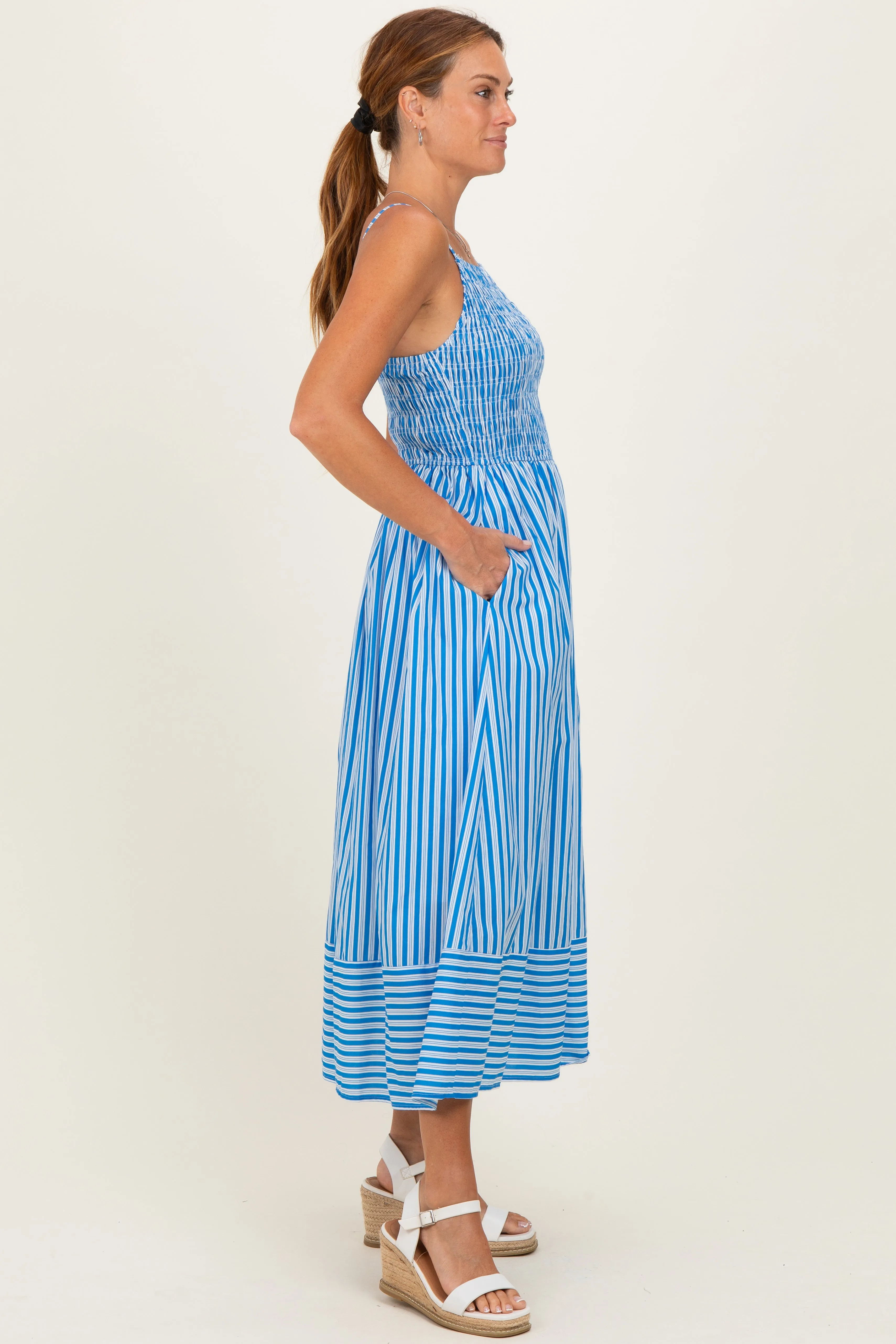 Blue Striped Smocked Midi Dress sold by Pinkblush product image thumbnail 2