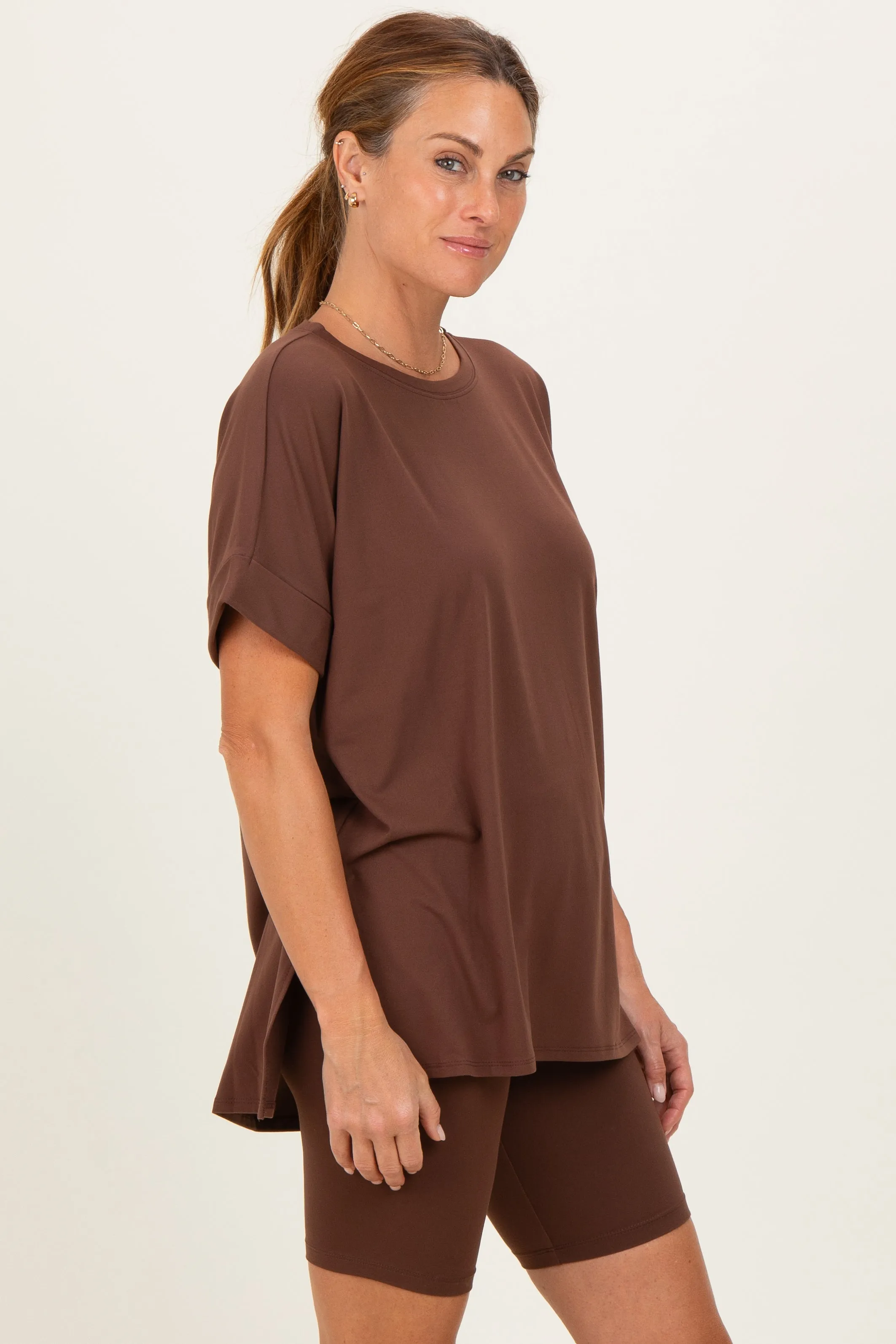 Brown Hi-Low Short Sleeve Tee Biker Short Set sold by Pinkblush product image thumbnail 3