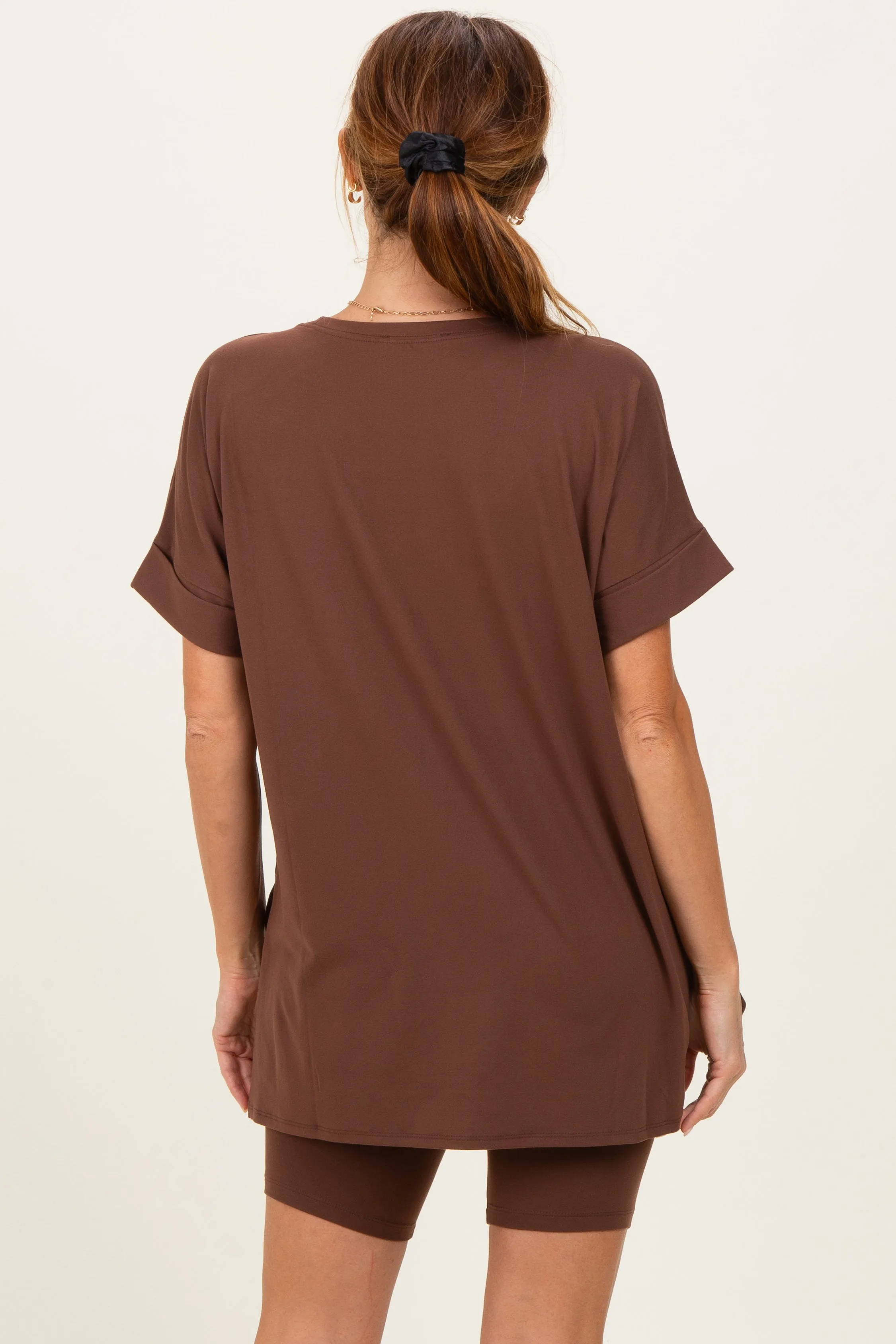Brown Hi-Low Short Sleeve Tee Biker Short Set sold by Pinkblush product image thumbnail 4