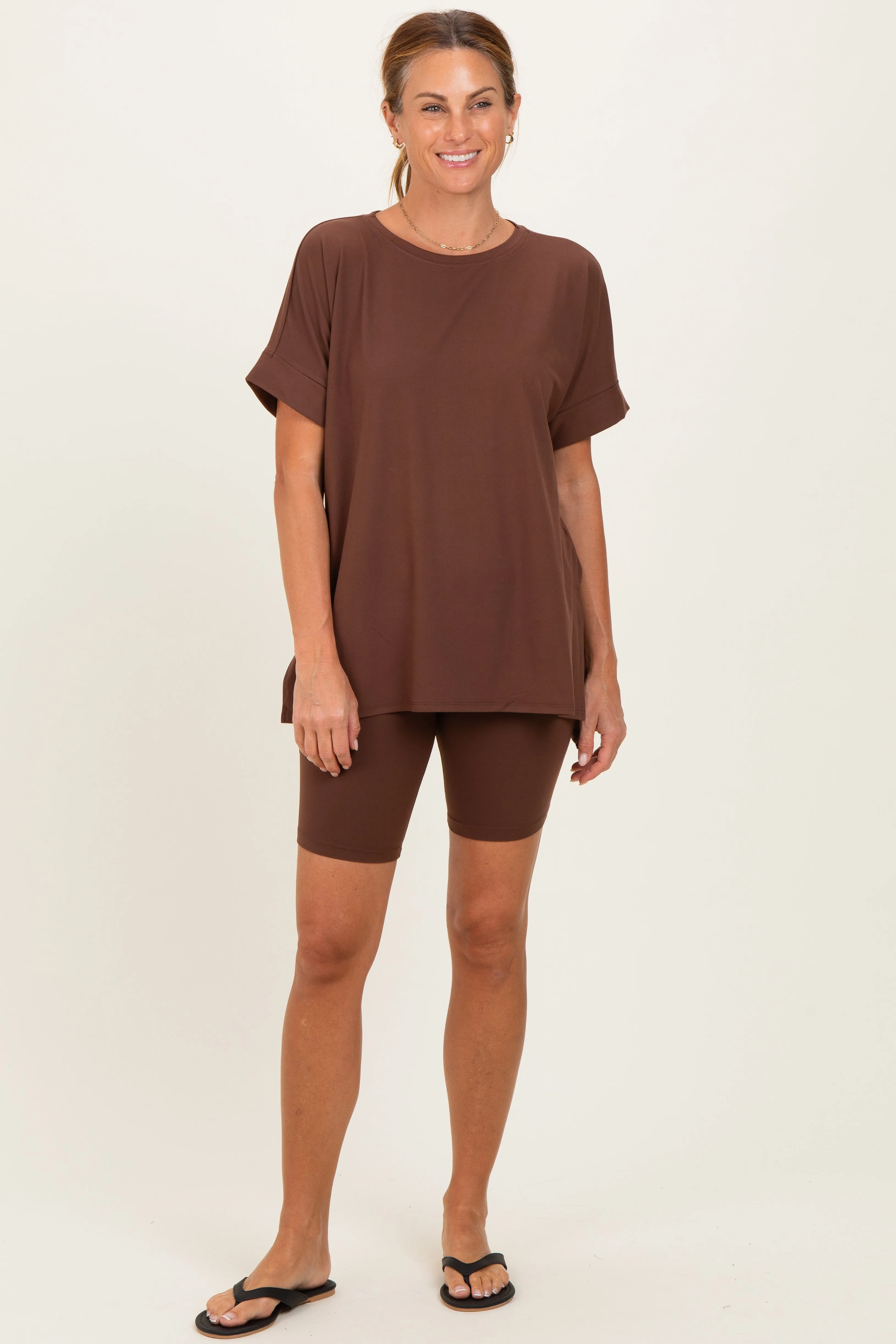 Brown Hi-Low Short Sleeve Tee Biker Short Set sold by Pinkblush