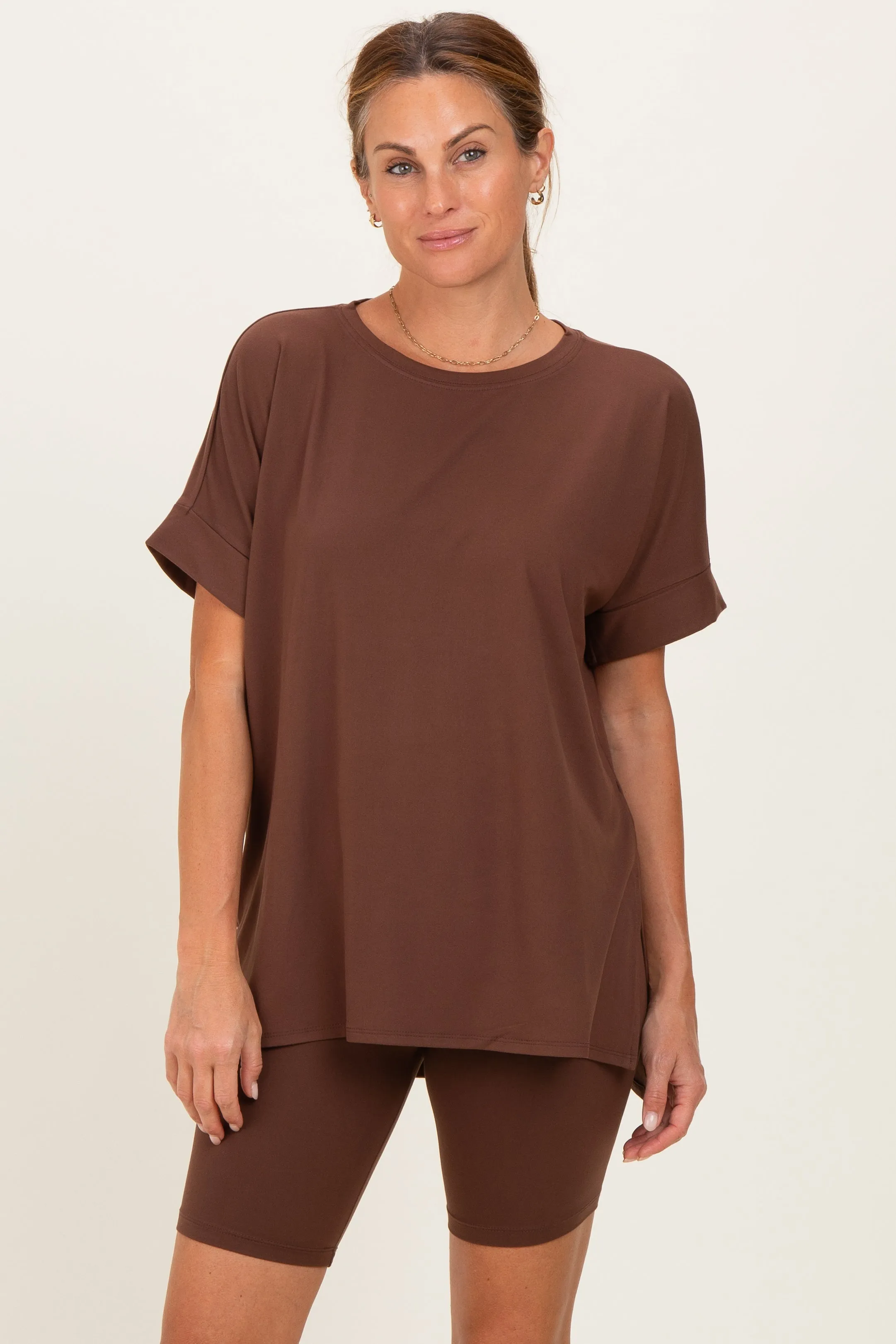 Brown Hi-Low Short Sleeve Tee Biker Short Set sold by Pinkblush product image thumbnail 2